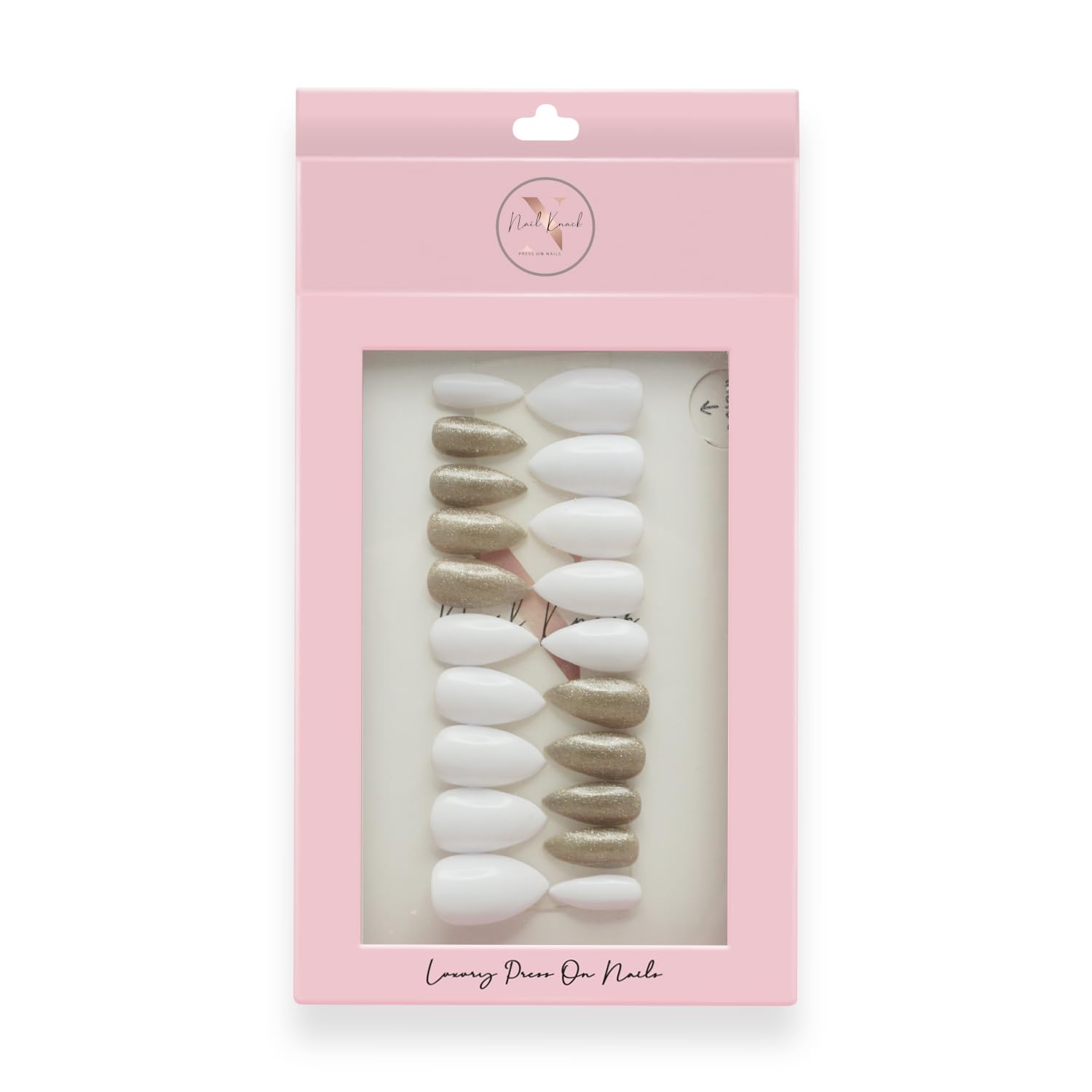 Premium Fake Press-On Nails - White & Gold Classic Set of 20 | Reusable Full Coverage Artificial Nails with UV Gel Polish Coating | Easy to Apply Stick-On Nails for Manicures | Perfect for Weddings, Parties, Date Nights & Everyday Wear | Nail Extensions for Both Hands