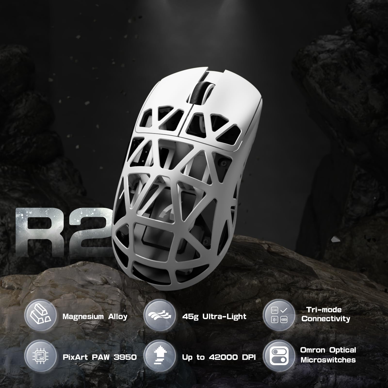 Attack Shark R2PRO 45g Superlight Magnesium Alloy Gaming Mouse - PAW3950 Sensor, 42000DPI, 8000Hz Polling Rate, 2.4G/BT/Wired - Programmable RGB Mouse with Coiled Cable for PC/Mac (White) - Perfect for FPS, MOBA, and Esports Gaming