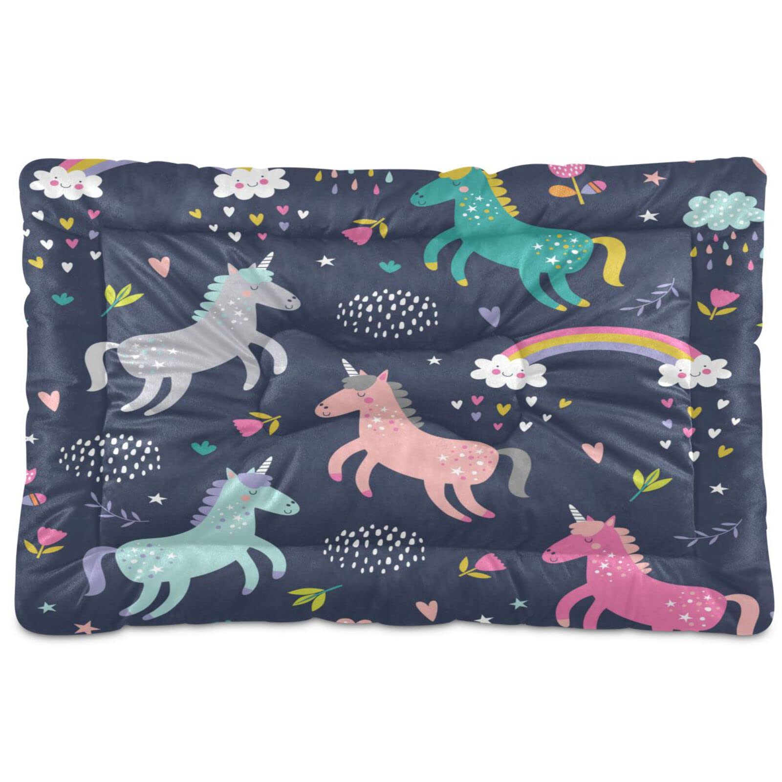 Kigai Unicorns & Rainbow Rectangle Pet Bed - Soft, Comfortable, Machine Washable Dog & Cat Bed for Small, Medium, Large Pets (18