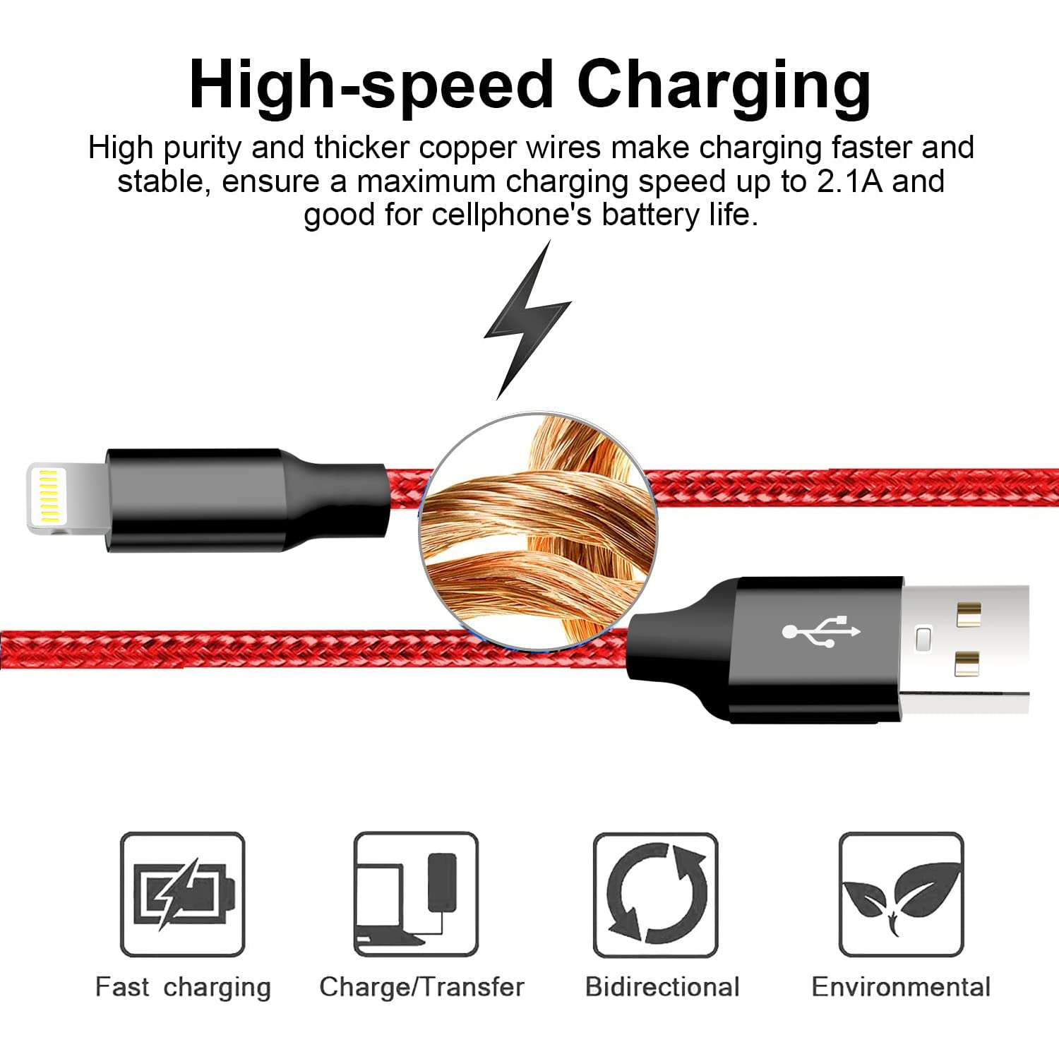 5-Pack MFi Certified iPhone Charger Cable - 3/3/6/6/10FT Nylon Braided Lightning Cord Fast Charging for iPhone 14/13/12/11/X/8/7 & iPad - Durable Red Cables for Home, Office, Car and Travel