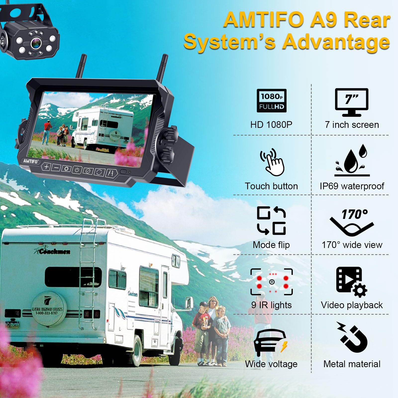 Dual Wireless Backup Camera for RVs & Trailers - 7 Inch 4 Split Screen HD Wide View Recording Rear View Camera | Plug & Play Pre-Wired for Furrion System | Stable Signal | Perfect for Motorhomes, Campers & Travel Trailers