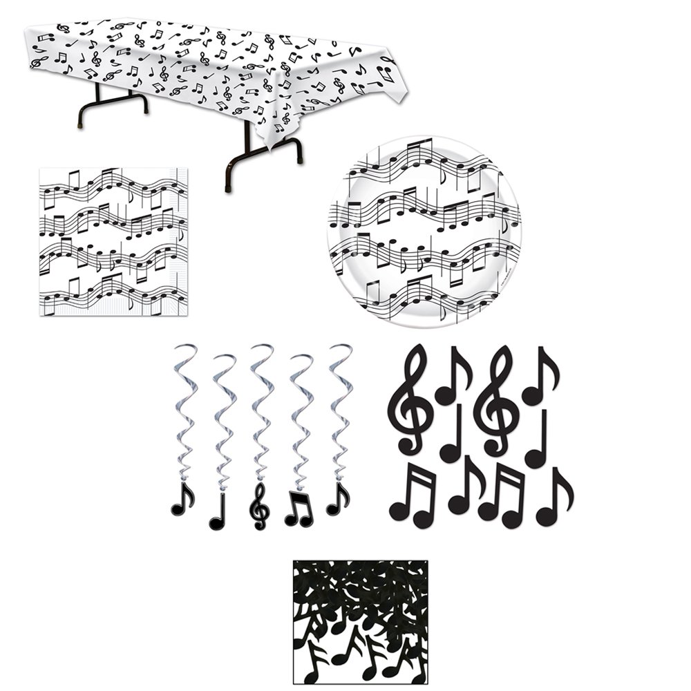 Music Note Party Decorations Bundle - Table Cover, Hanging Swirls, Plates & Napkins for Birthday, Wedding & Themed Events