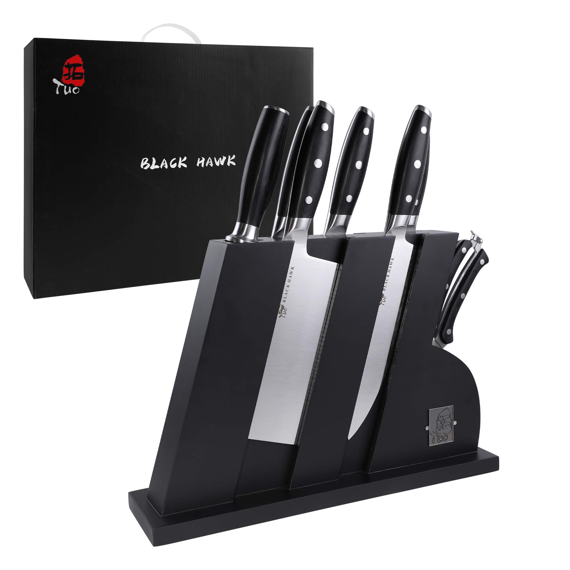 Premium TUO 8-Piece German Stainless Steel Knife Set with Block - HC Kitchen Knives Set with Ergonomic Pakkawood Handle (Black Hawk Series) - Perfect for Home Chefs, Cooking Enthusiasts & Gift Giving - Ideal for Slicing, Dicing, Meal Prep & Professional Cooking