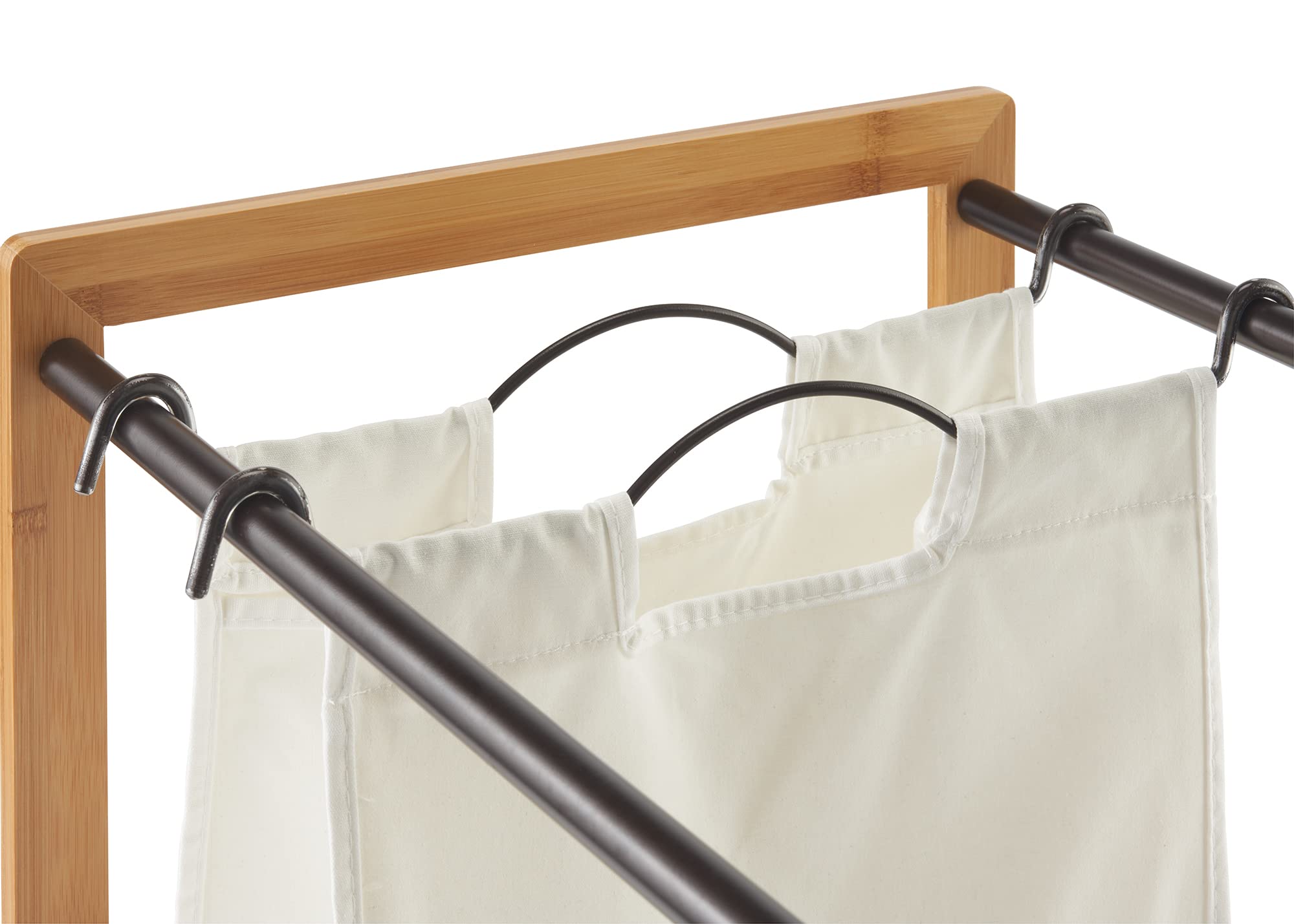 TRINITY 3-Bag Bamboo Laundry Hamper with Wheels - Foldable Laundry Organizer Cart with 3 Shelves & Bronze Poles for Bedroom, Closet, Dorm - Perfect for Small Spaces & Apartment Living