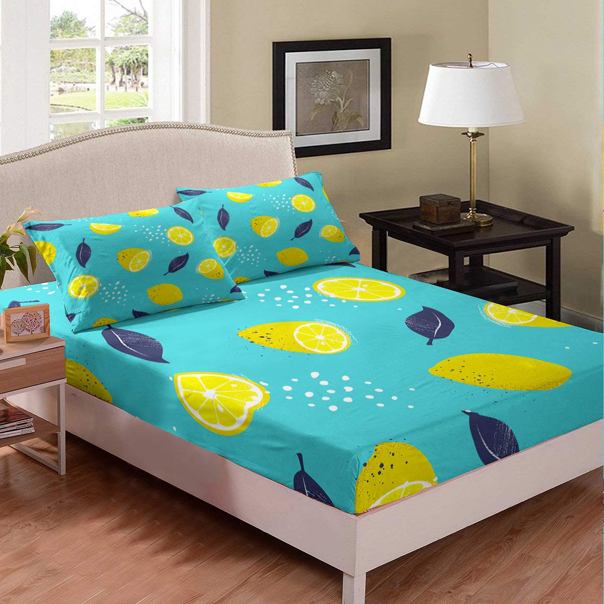 Erosebridal Kids Lemon Bedding Set - Queen Size Microfiber Sheet Set with Deep Pockets, Yellow Fruit & Lemon Slice Pattern (1 Fitted Sheet + 2 Pillowcases) for Boys, Girls & Teens - Soft, Breathable & Durable - Perfect for Bedrooms, Dorms & Sleepovers