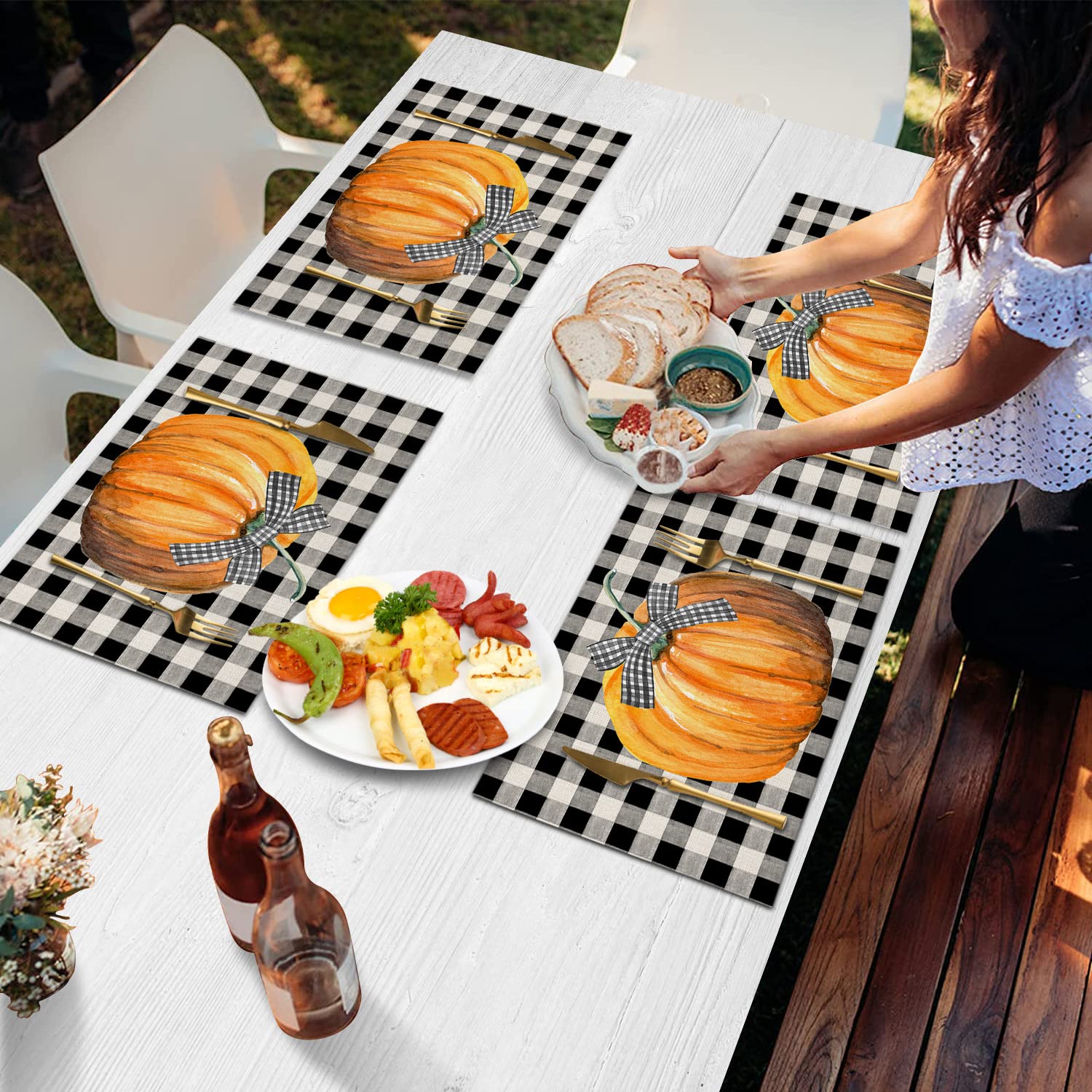 Non-Slip Heat Insulation Placemats Set of 4 - Washable Rustic Linen Table Mats with Buffalo Plaid Design for Kitchen, Dining Room, Indoor & Outdoor Use - Perfect for Fall Decor, Farmhouse Style, and Holiday Parties