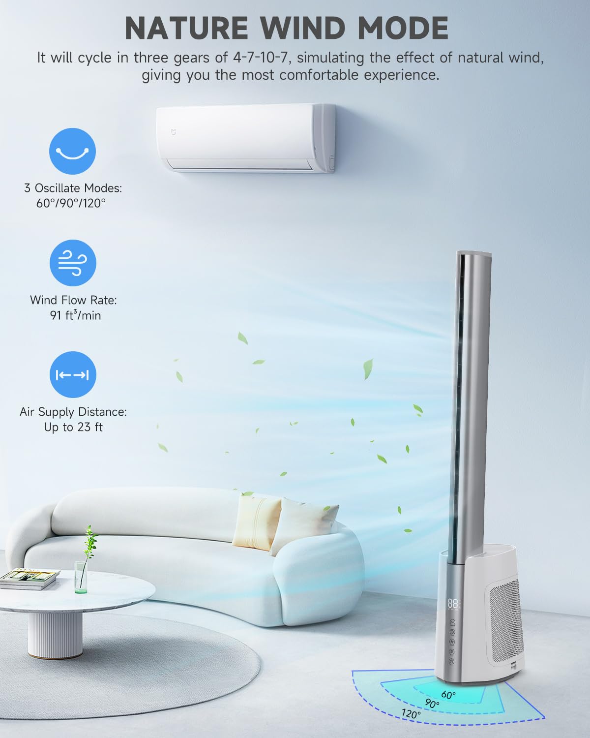 Gimify 40'' Bladeless Tower Fan with Remote Control - Ultra Quiet 120° Oscillating Fan, 3 Speed Modes & 12 Wind Settings, 12H Timer, HEPA Filter 99.97% Dust Smoke Removal for Bedroom, Office & Living Room - Perfect for Cooling, Air Purification & White Noise Sleep Aid