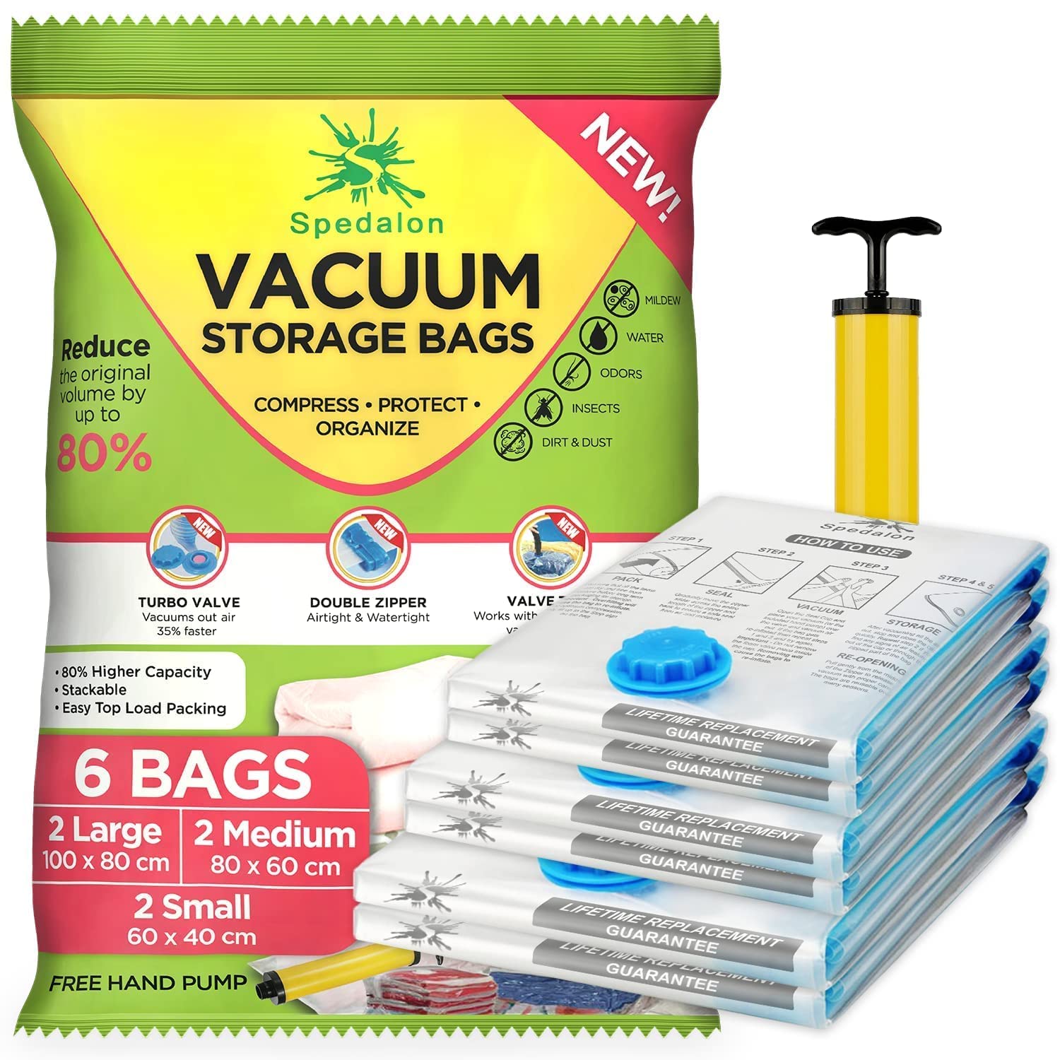 Vacuum Storage Bags 6-Pack (2 Large + 2 Medium + 2 Small) - Reusable Space Saver Bags with Hand Pump for Clothes, Blankets & Bedding | Perfect for Travel, Moving & Seasonal Storage | Compact Storage Solution for Duvets, Pillows & Curtains