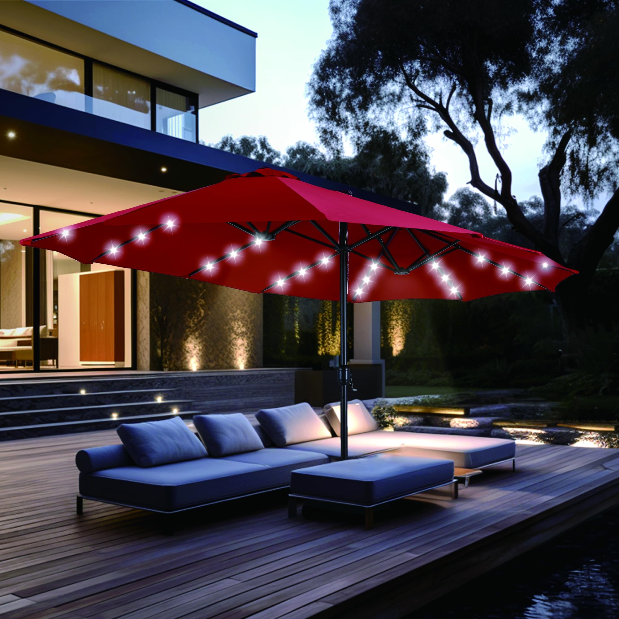 PHI VILLA 15ft Large Outdoor Patio Umbrella with 36 LED Solar Lights - Double-Sided Rectangle Market Umbrella for Garden, Poolside & Backyard - Includes Heavy Duty Base Stand - Dark Red - Perfect for Outdoor Dining, Lounging & Shade Protection