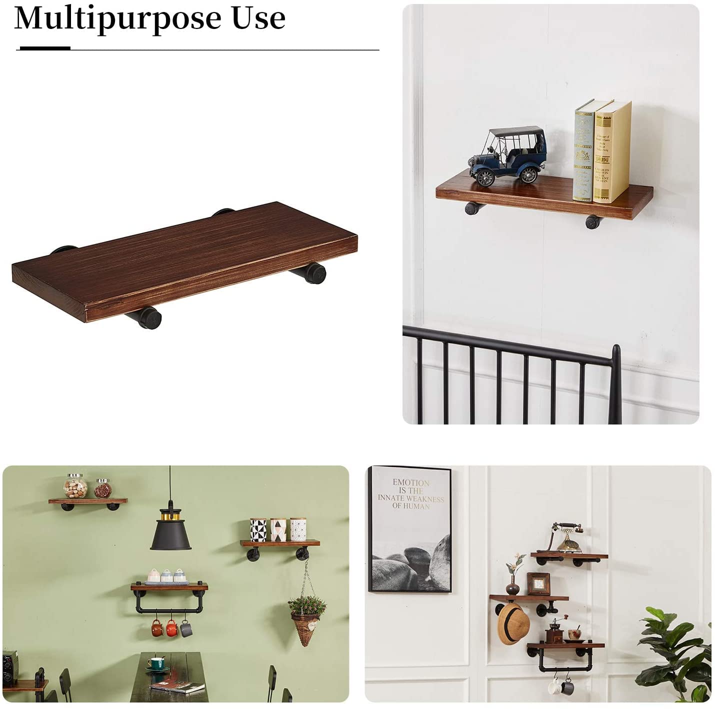 Industrial Black Iron Pipe Shelf Brackets - 8 Inch Set of 6 for DIY Shelving, Wall Mount, Rustic Decor & Garment Rack | Heavy Duty Hardware Included | Perfect for Home Office, Workshop & Farmhouse Style