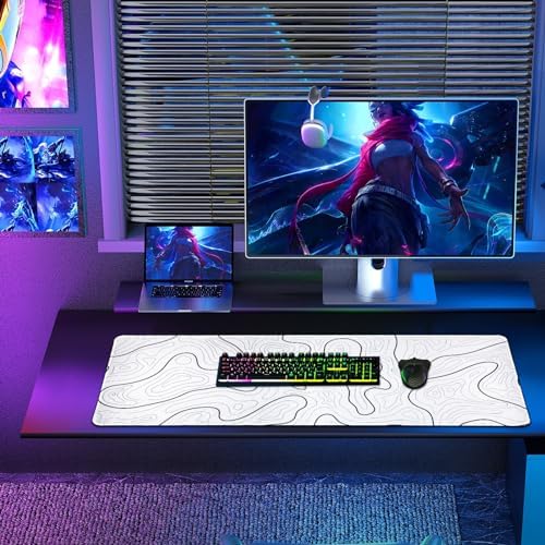 Large White Topographic Gaming Mouse Pad - 31.5''x11.8'' XL Desk Mat for Computer, Laptop, Keyboard | Perfect for Gaming, Office Work & Home Use