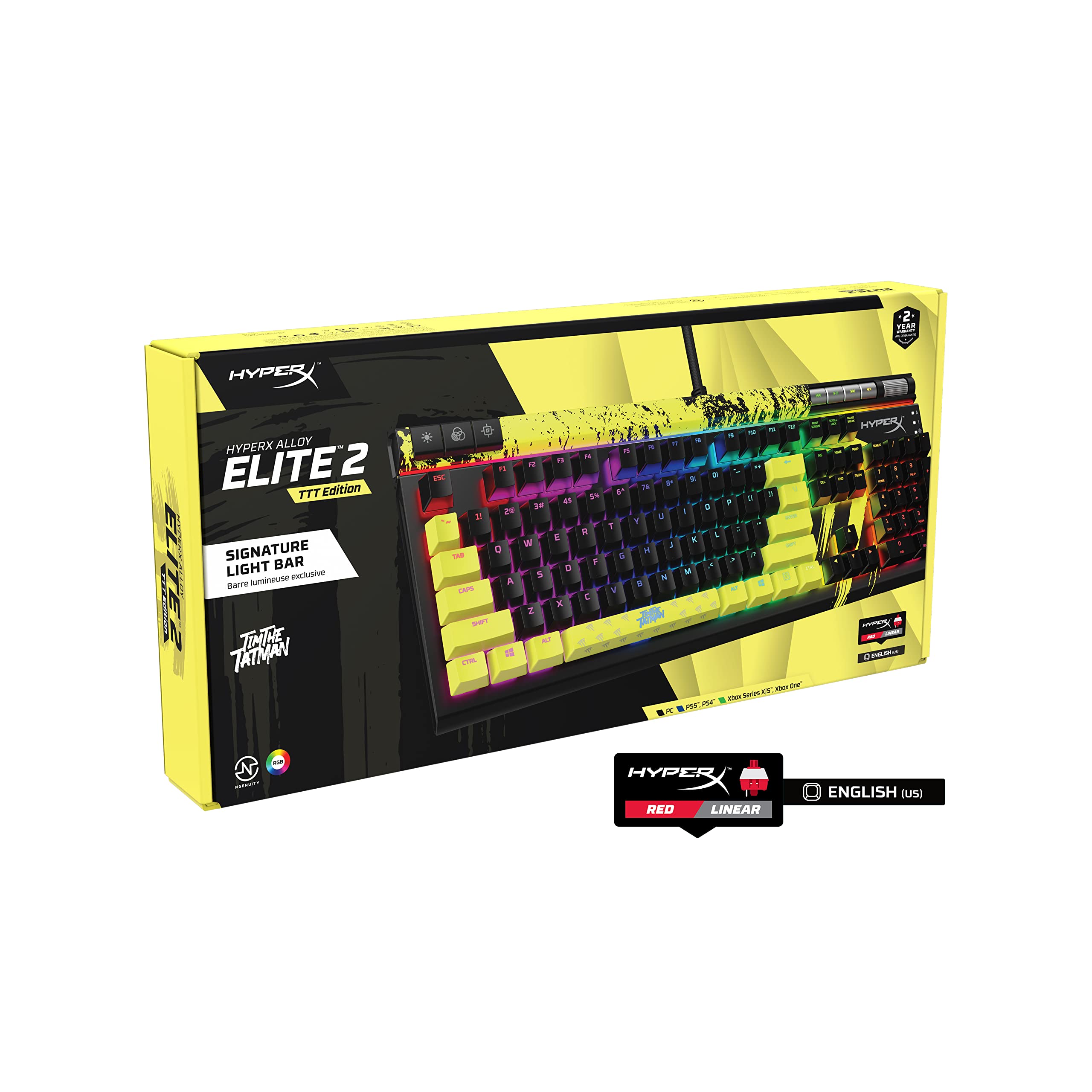 HyperX Alloy Elite 2 Mechanical Gaming Keyboard - TimTheTatMan Edition with RGB Backlit, Software-Controlled Lighting & Macro Customization, ABS Pudding Keycaps, Media Controls - HyperX Linear Red Switches - Perfect for Esports, Streaming & Professional Gaming