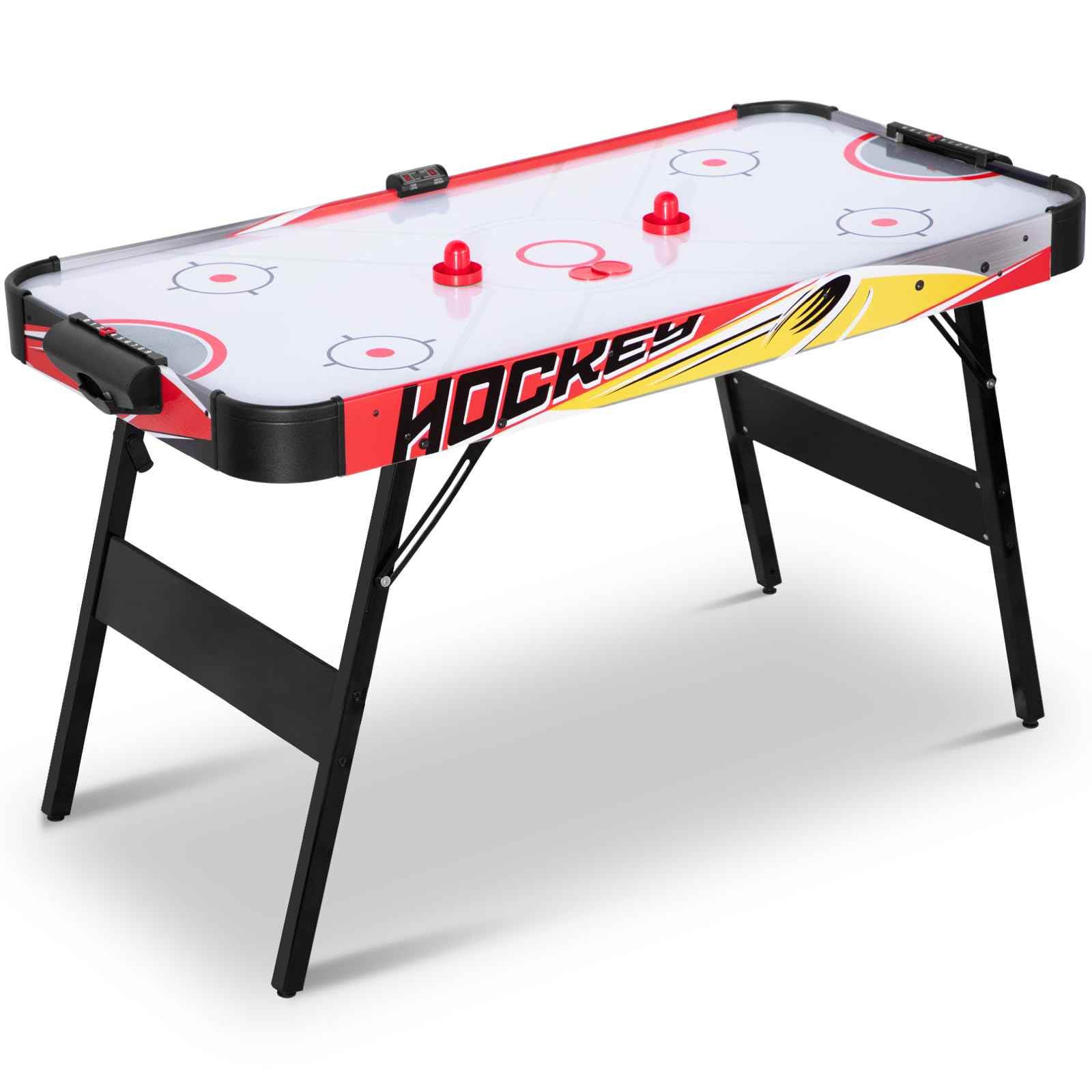 58in Foldable Air Hockey Table with Strong Motor & LED Scoreboard - 2 Pucks & 2 Pushers Included - No Assembly Required (Red & Yellow) - Perfect for Family Game Nights, Kids Parties & Indoor Entertainment