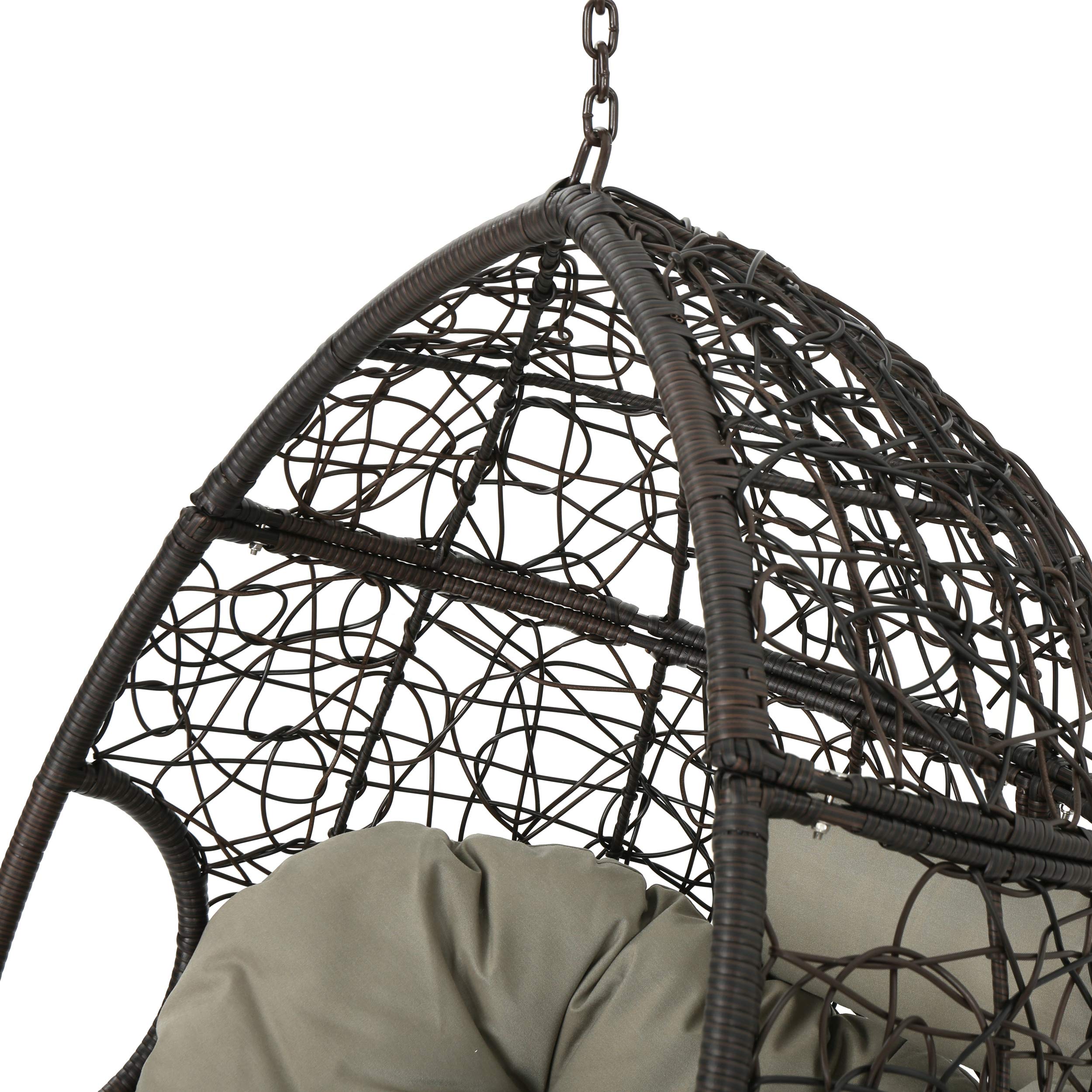 Christopher Knight Home Leander Indoor/Outdoor Hanging Basket Chair - Woven Rattan Swing Seat with Cushion, Multi-Brown & Khaki (Stand Not Included) - Perfect for Patio, Garden, Porch or Balcony Relaxation