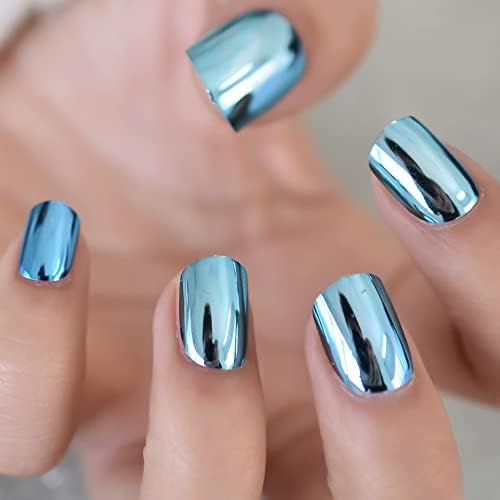 Blue Metallic Mirror Press On Nails - Medium Length Squoval False Nails with Glue | Reusable Acrylic Fake Fingernails for Women & Girls | Perfect for Office, Home, Party & Salon Manicure | Nail Art Tips for Everyday Wear & Special Occasions