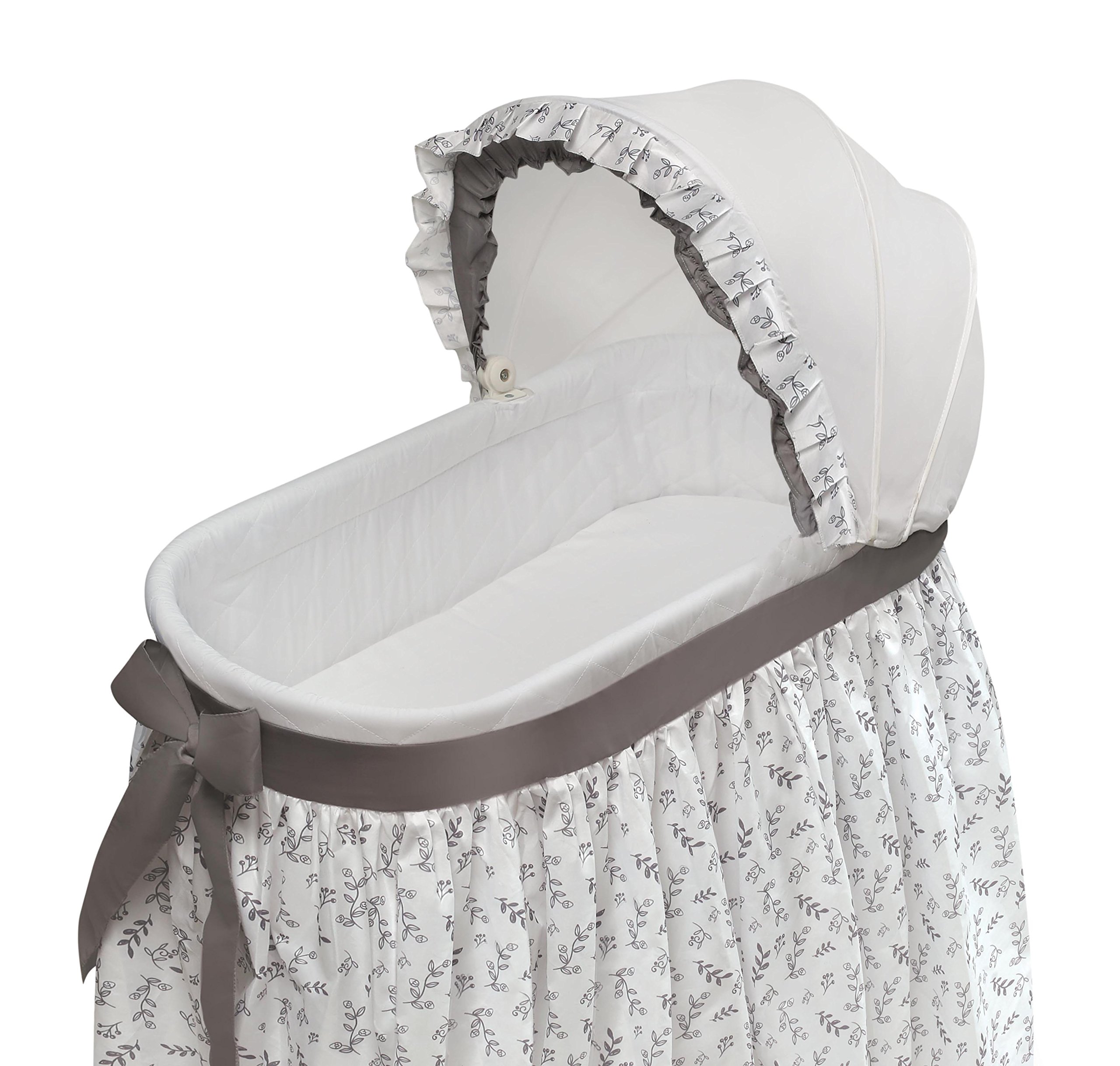 Badger Basket Wishes Rocking Baby Bassinet - Heirloom Quality Bedside Sleeper with Soft Bedding, Comfortable Pad & Storage Basket - Gray/Leaf Design - Perfect for Nursery, Bedroom & Travel Use