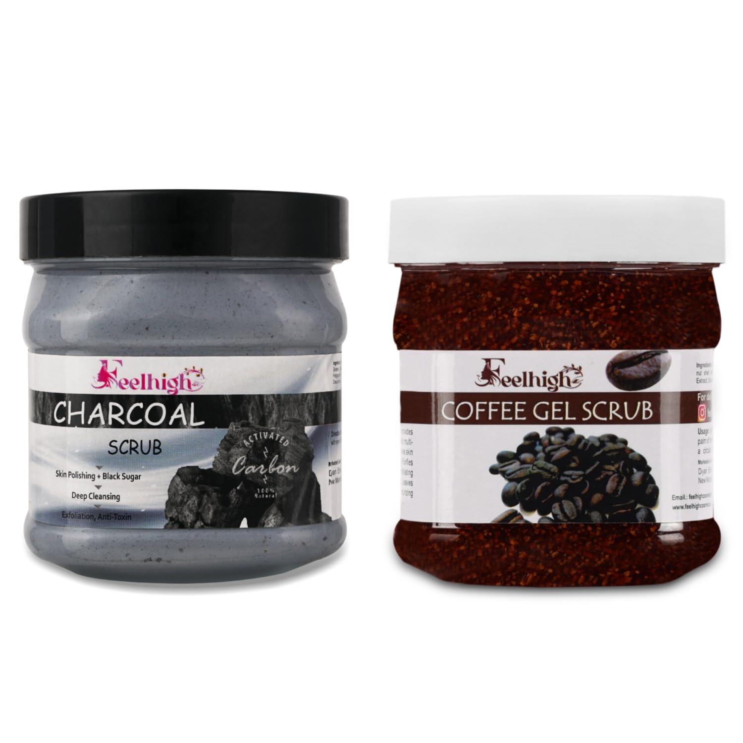 Feelhigh Charcoal Deep Cleansing Scrub & Coffee Gel Scrub for Face (500ml x 2) - Natural Exfoliating Facial Products for Blackheads & Acne - Perfect for Daily Skincare Routine & Spa Day at Home