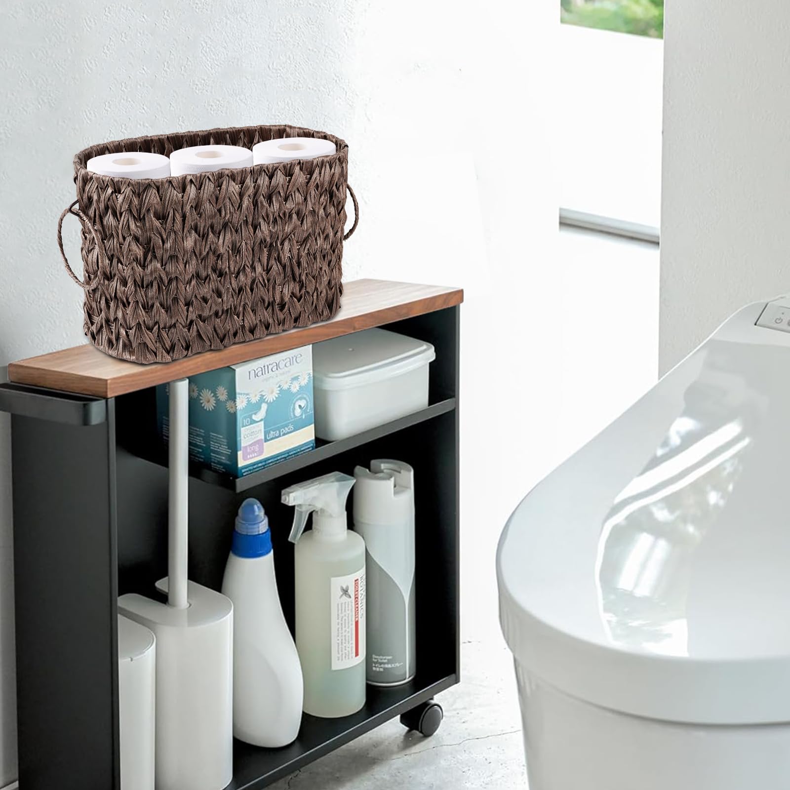 Premium Wicker Toilet Paper Storage Basket - Holds 6 Mega Rolls, Bathroom Organizer with Lid, Natural Brown Rattan Basket for Bathroom Accessories - Perfect for Small Spaces, Apartment Living & Farmhouse Decor