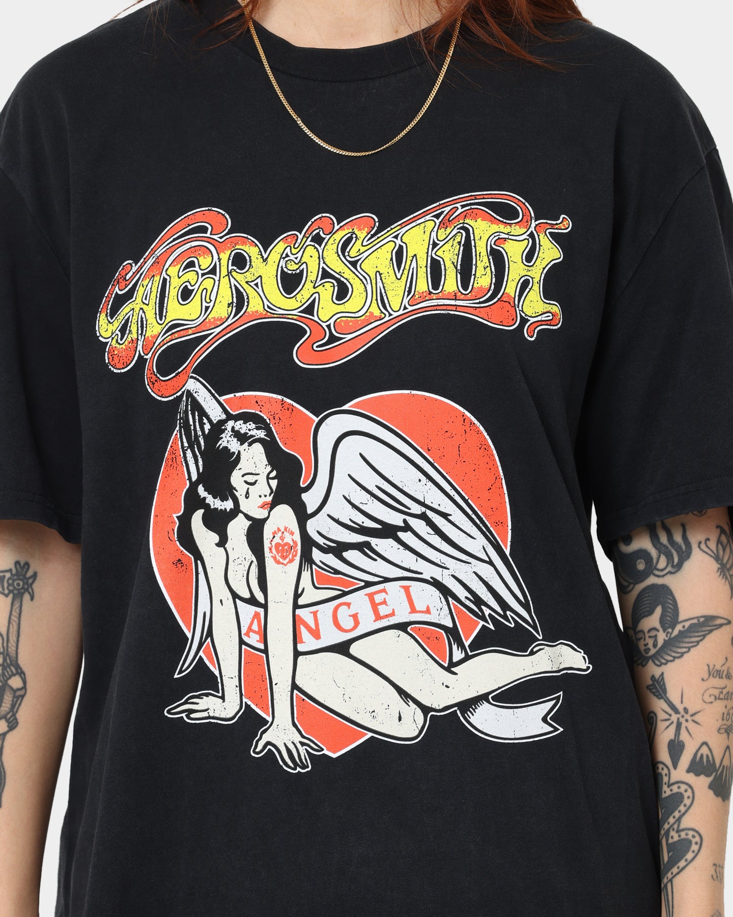 Vintage Aerosmith Angel Heart Graphic T-Shirt - Washed Black Retro Rock Band Tee for Concerts & Casual Wear