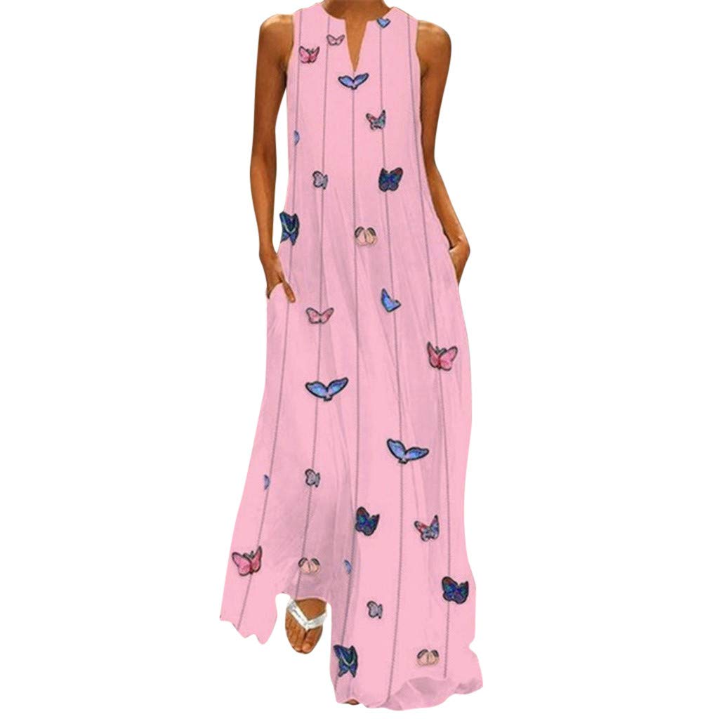 Women's Summer Butterfly Print Long Maxi Dress - Sleeveless Casual Party Cami Dress for Beach, Vacation & Evening Events | Flowy Boho Chic Style