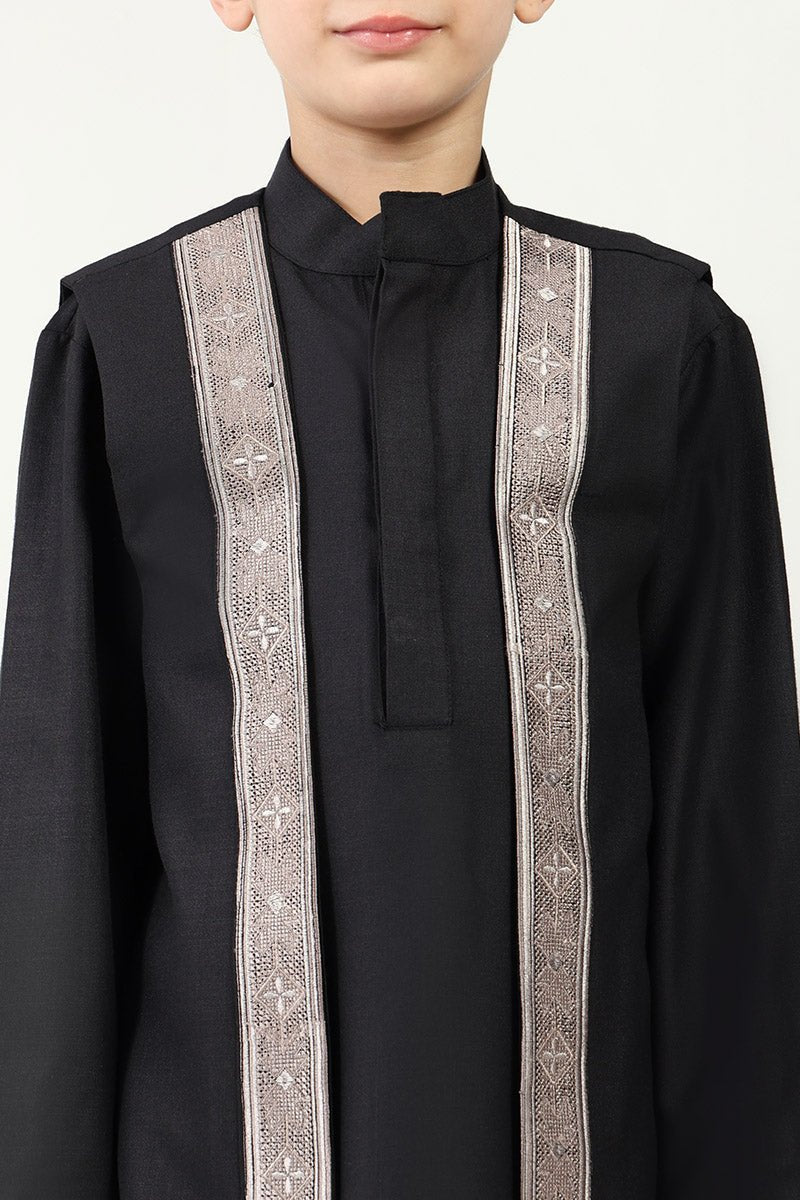 Boys' 3 Piece Black Kurta Pant Set with Embroidered Sleeveless Jacket - Traditional Indian Outfit for Festivals & Weddings