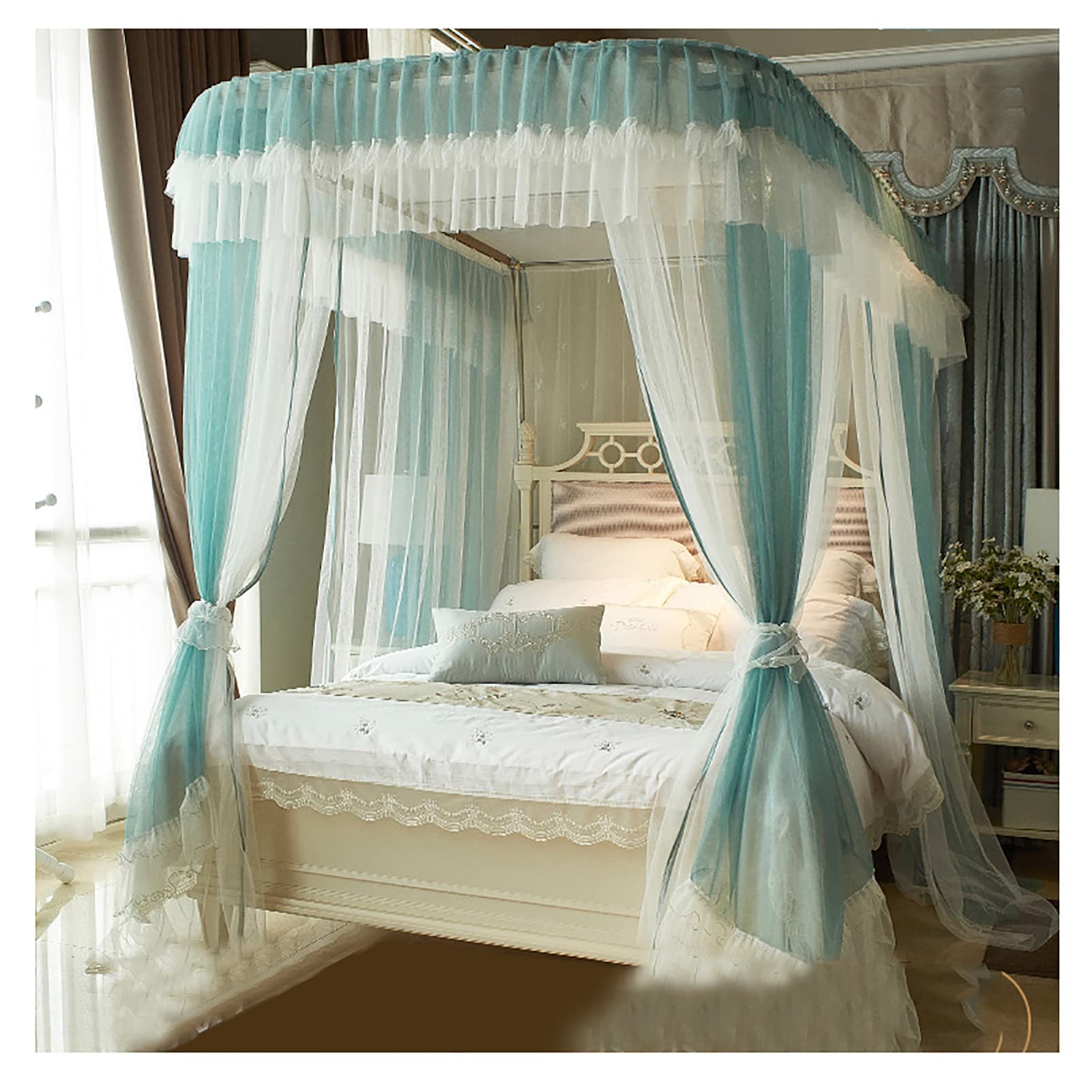 WFEGSYJ Double Layer Canopy Bed Curtains with Zipper - Mosquito Net Bed Canopy for Queen/King Size Beds (215x200x215cm, Green) - Romantic Bedroom Decor & Privacy Curtains for Master Bedroom, Guest Room or Kids Room
