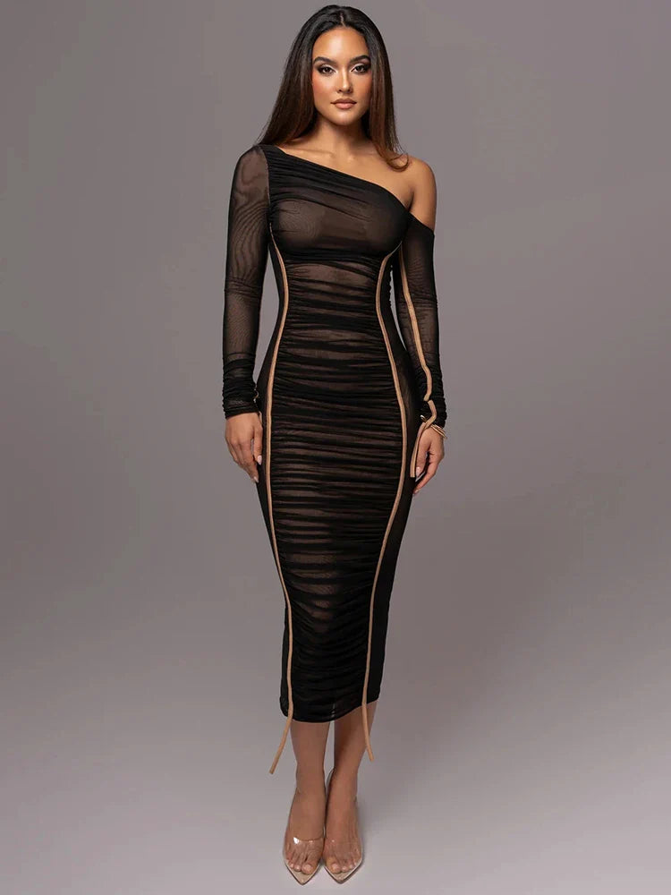 Sexy Backless Long Sleeve Midi Dress for Women - Ruched Bodycon Club Party Dress with Mesh Layering | Perfect for Night Out, Date Night & Special Occasions