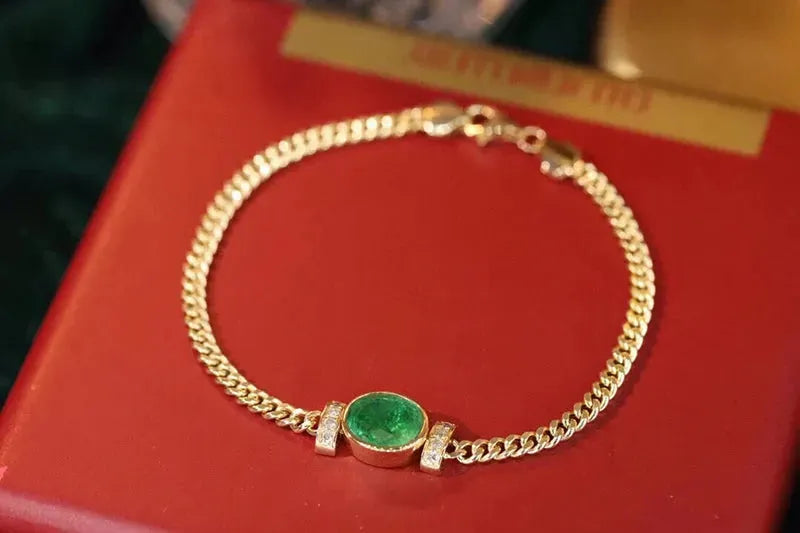 18K Yellow Gold Bracelet with Real Natural Emerald & Shiny Diamonds | Classic Elegant Women's Jewelry for Parties, Weddings & Special Occasions