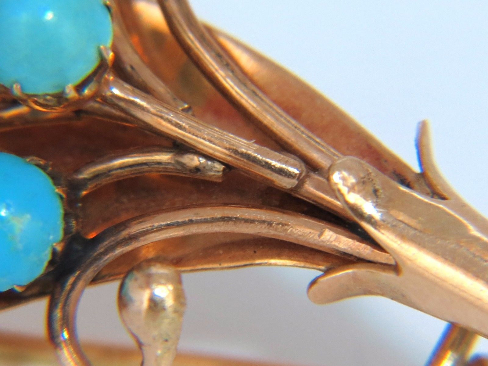 Vintage 1940s Persian Turquoise Leaf Brooch - Handmade 14K Rose Gold Pin - Perfect for Vintage Jewelry Collectors & Special Occasions