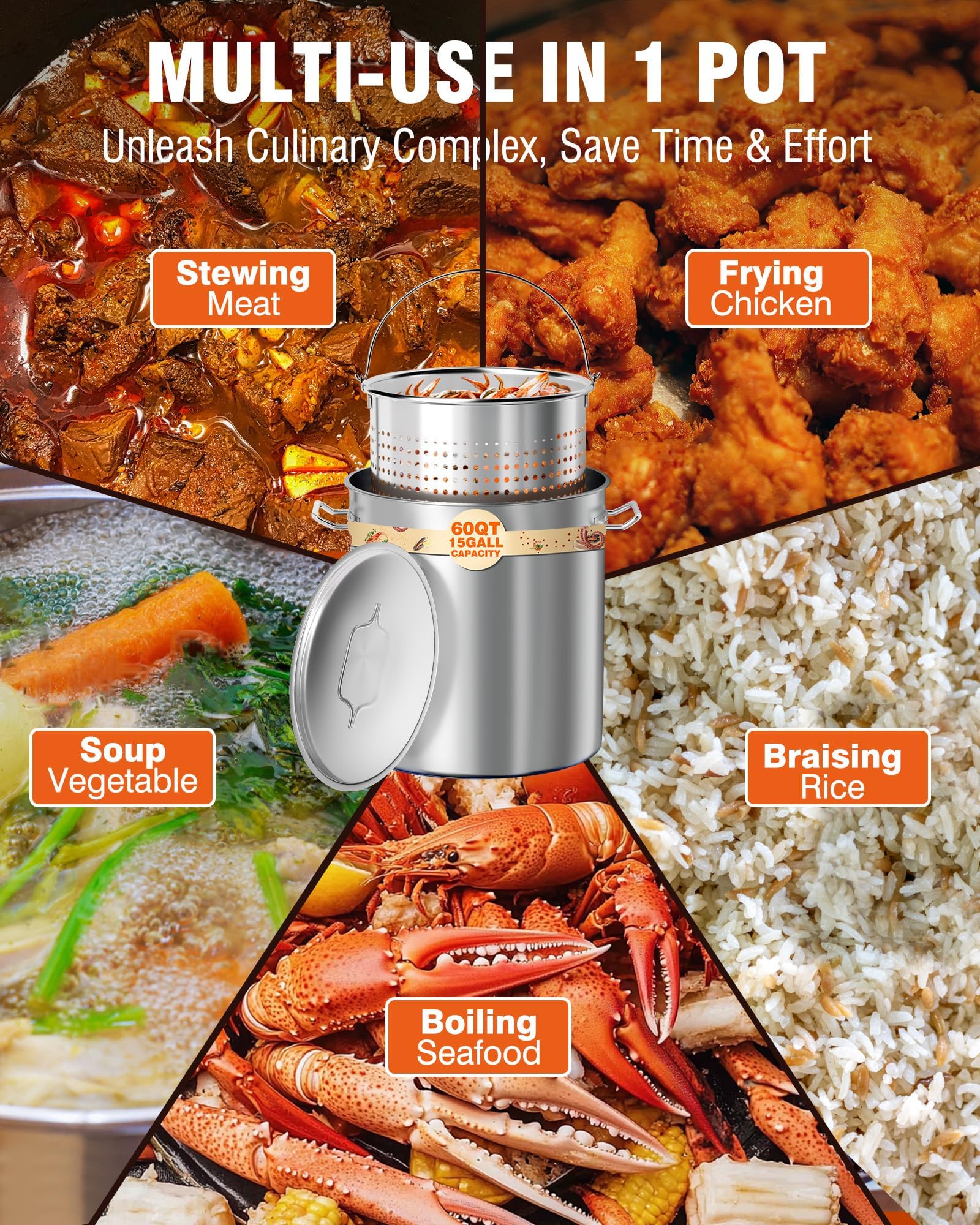 60QT Stainless Steel Seafood Boil Pot with Basket & Lid - Commercial Turkey Fryer for Crab, Lobster, Crayfish & Shrimp - Outdoor Cooking & Large Gatherings (21.7