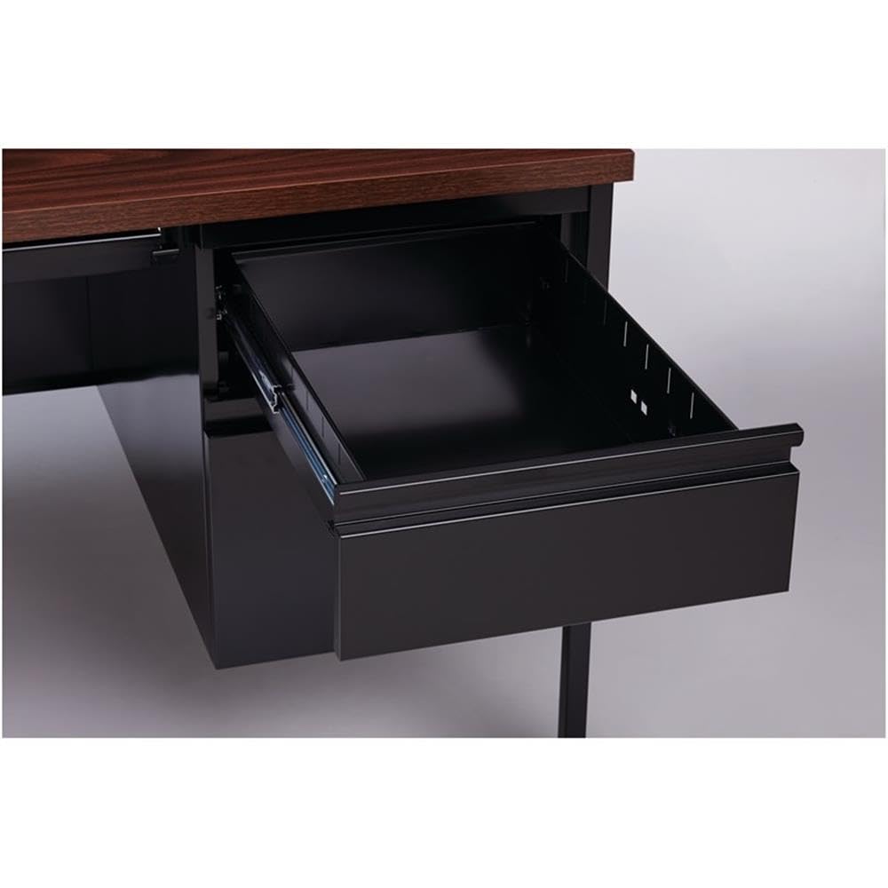Pemberly Row Double Pedestal Metal Office Desk with Center Drawer - Black/Walnut Finish - Modern Home Office & Workspace Desk for Professionals & Students