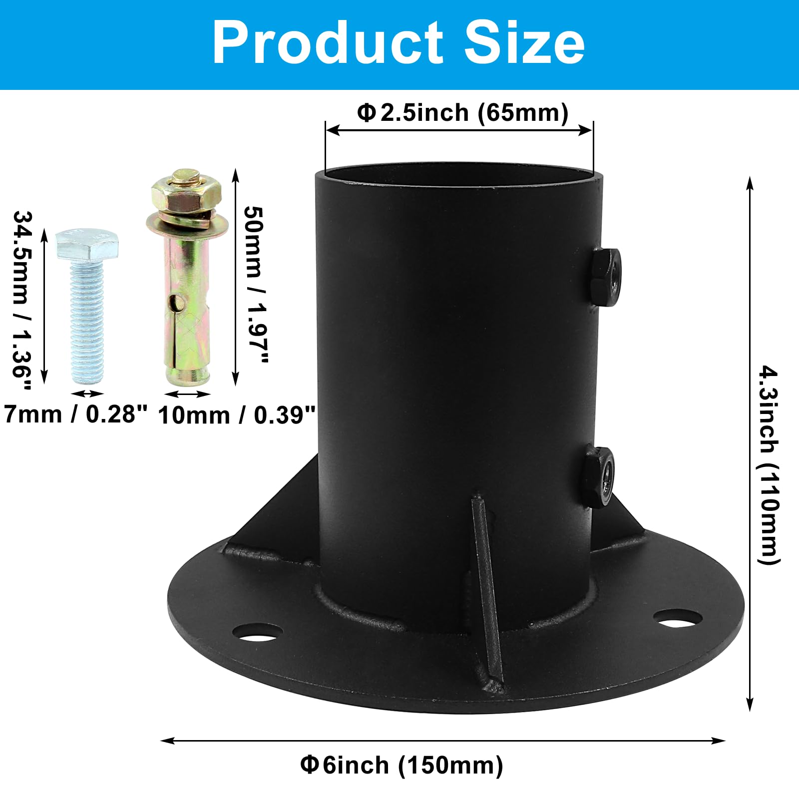 65mm Round Chain Link Fence Post Pole Flange Base - Black Steel Floor Flange for Concrete Mounting (2.5 Inch) - Durable Mailbox, Fence & Flag Pole Bracket for Outdoor Security & Decoration