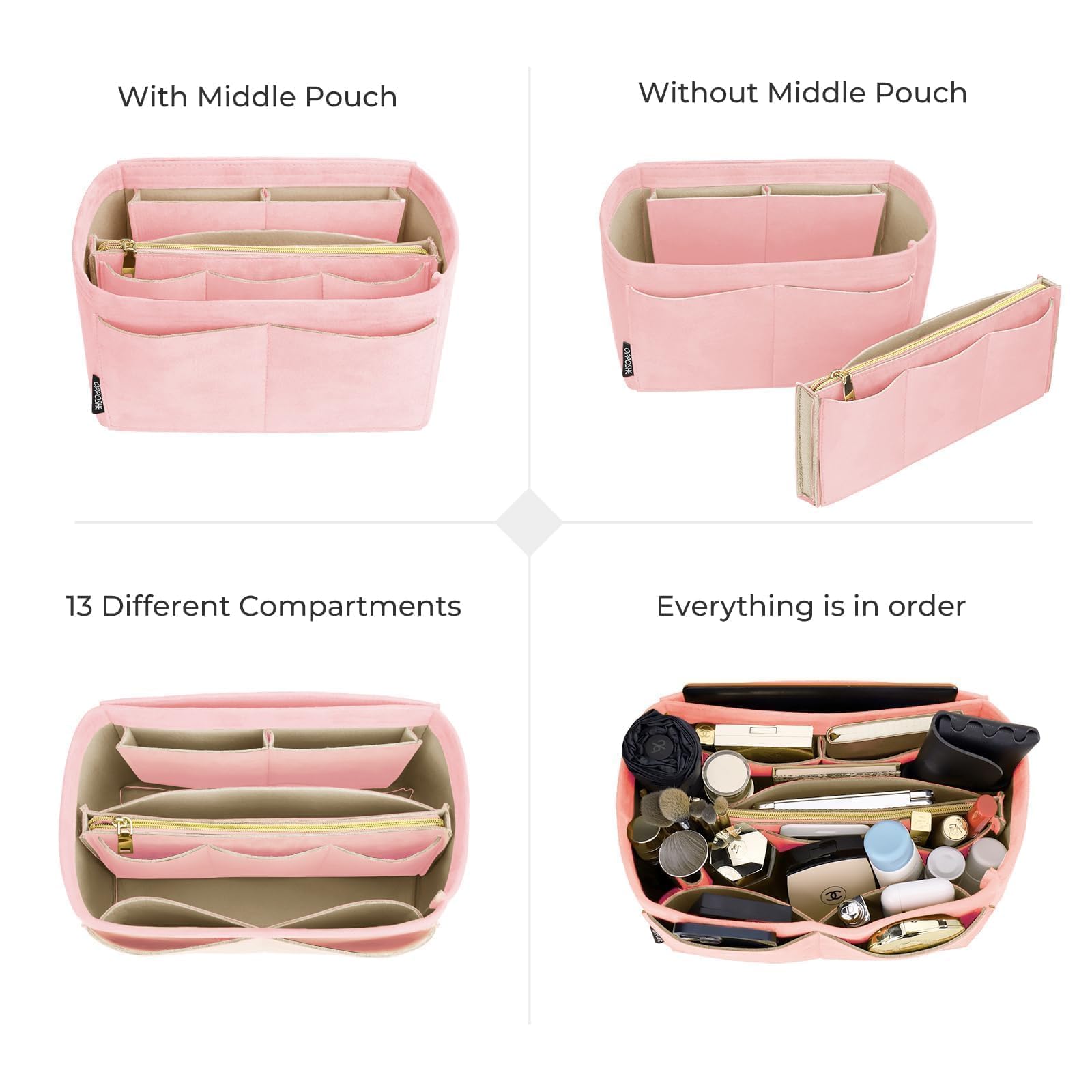 OPPOSHE Suede Purse Organizer Insert for Tote Bag - Sturdy Felt Handbag Organizer with Zipper - Fits Neverfull, Speedy & More Bags - Medium Size Pink - Perfect for Travel, Work & Daily Organization