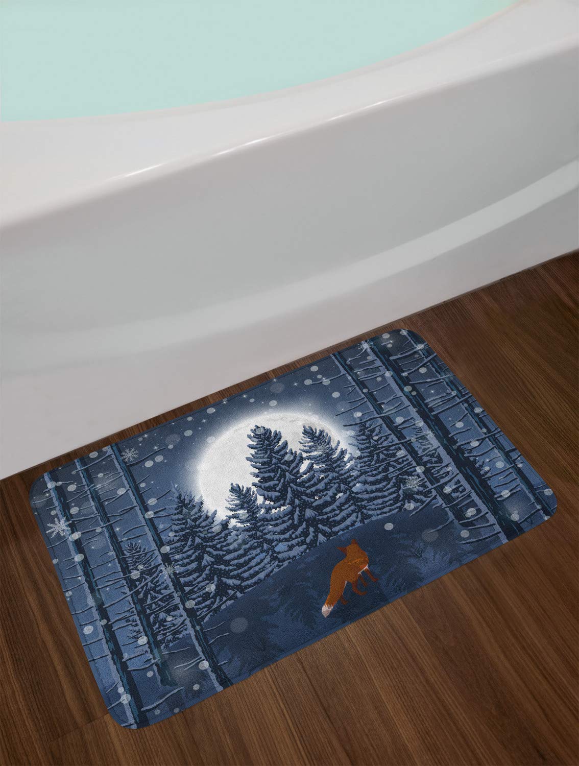 Lunarable Winter Bath Mat - Wild Fox Animal Night Forest with Full Moon & Snow, Non-Slip Plush Bathroom Rug 30.2x20 Inches, Blue Grey Slate Blue - Cozy Home Decor for Bathroom, Bedroom & Winter Cabin