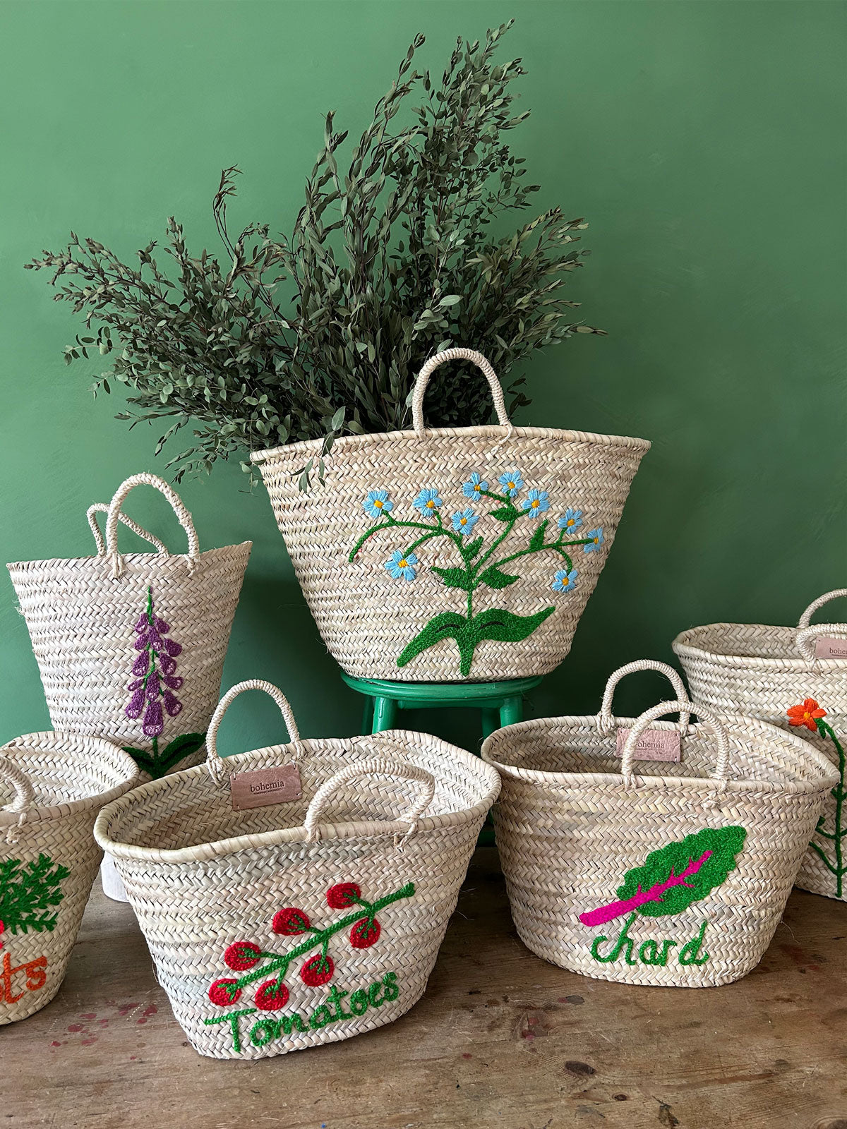 Hand Embroidered Market Basket with Forget-Me-Not Flowers - Perfect for Picnics, Farmers Markets & Home Decor