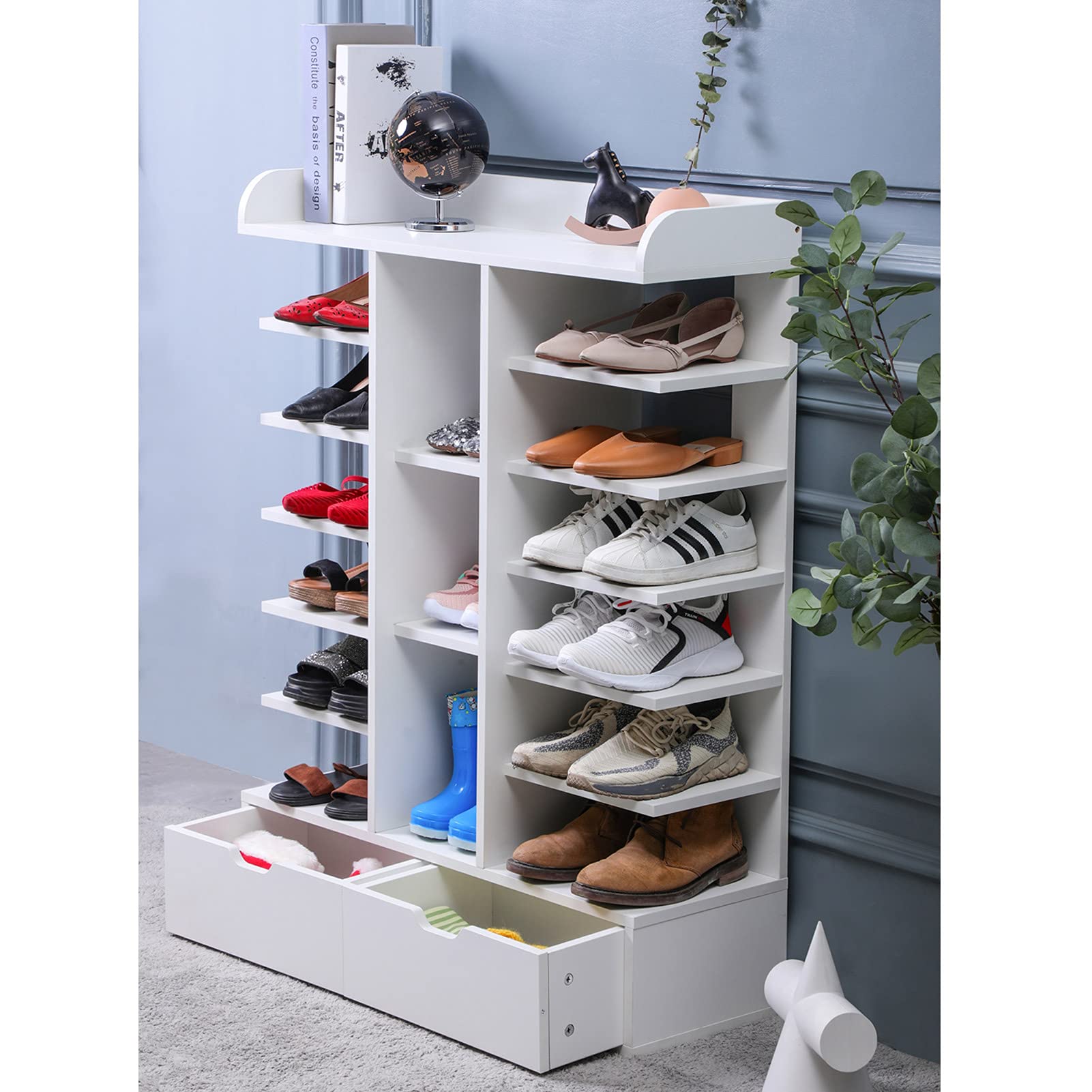 Modern Multi-Layer Wooden Shoe Rack Organizer with Drawer - Space Saving Vertical Entryway & Hallway Storage Shelf - Perfect for Small Apartments, Closets & Mudrooms