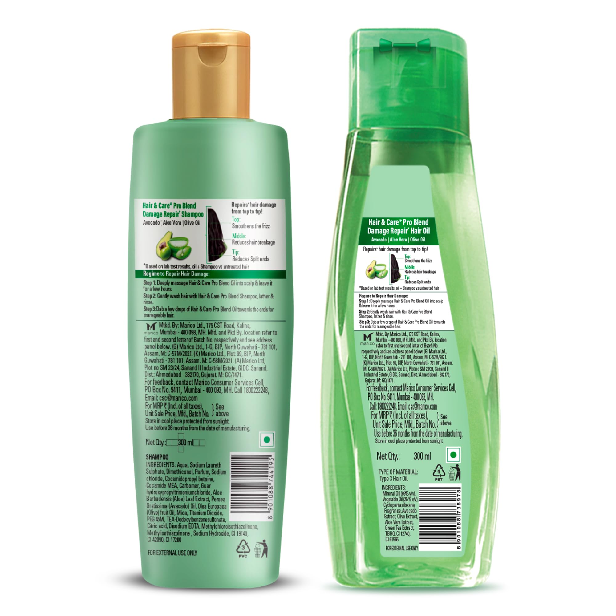 Hair & Care Pro Blend Damage Repair Shampoo + Oil Combo (300ml+300ml) with Avocado, Aloe Vera & Olive Oil - Deep Nourishing Treatment for Dry, Damaged Hair - Perfect for Daily Hair Care & Salon-Quality Results at Home