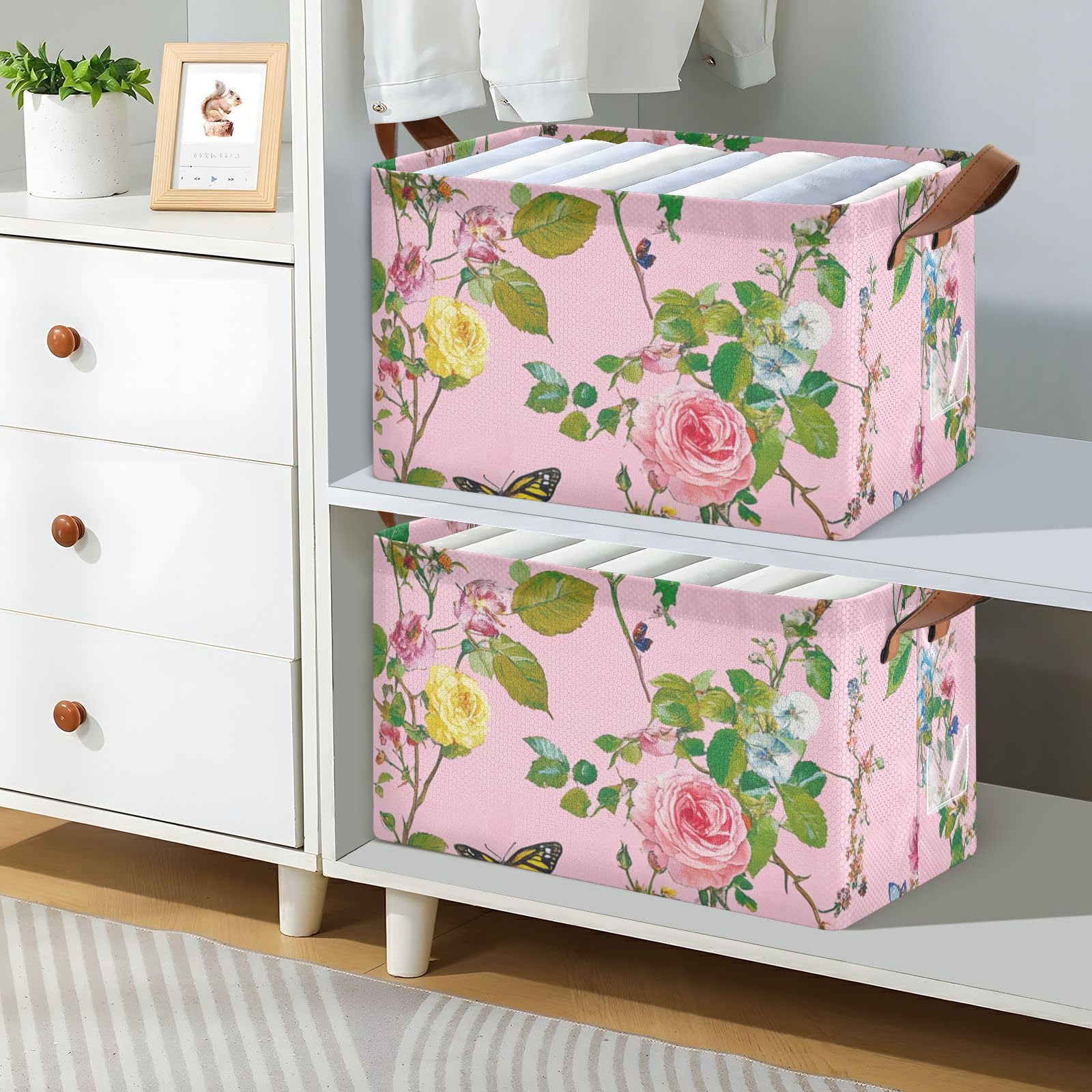 Sweet Rose Peach Flower Large Storage Baskets - 2 Pack Decorative Closet Organizer Bins with Handles for Shelves, Cupboards & Drawers | Perfect for Bedroom, Bathroom & Laundry Room Organization