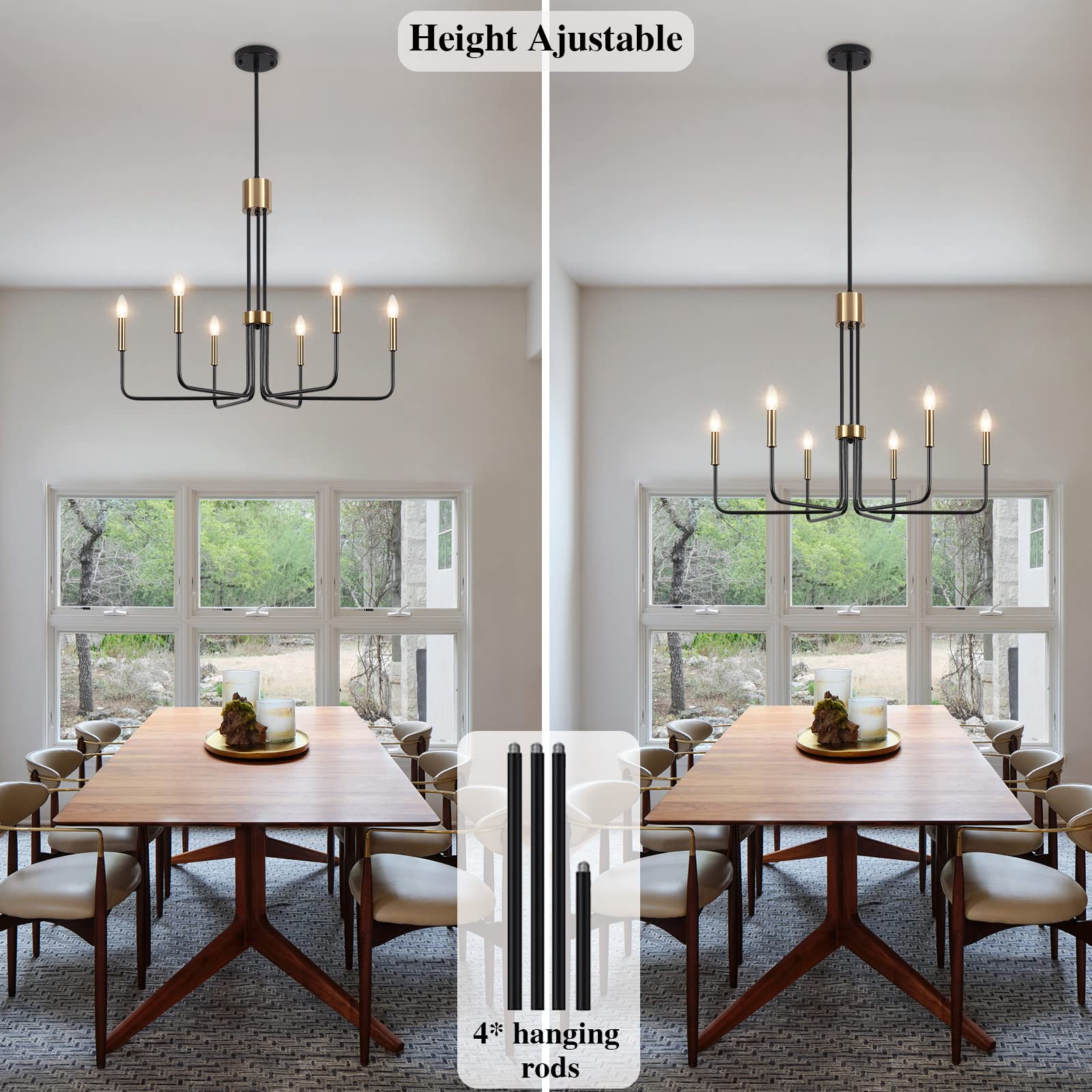 6-Light Modern Farmhouse Chandelier - Black & Gold Dining Room Ceiling Light Fixture - Elegant Kitchen, Living Room, Bedroom & Entryway Lighting - Perfect for Farmhouse, Rustic & Contemporary Home Decor
