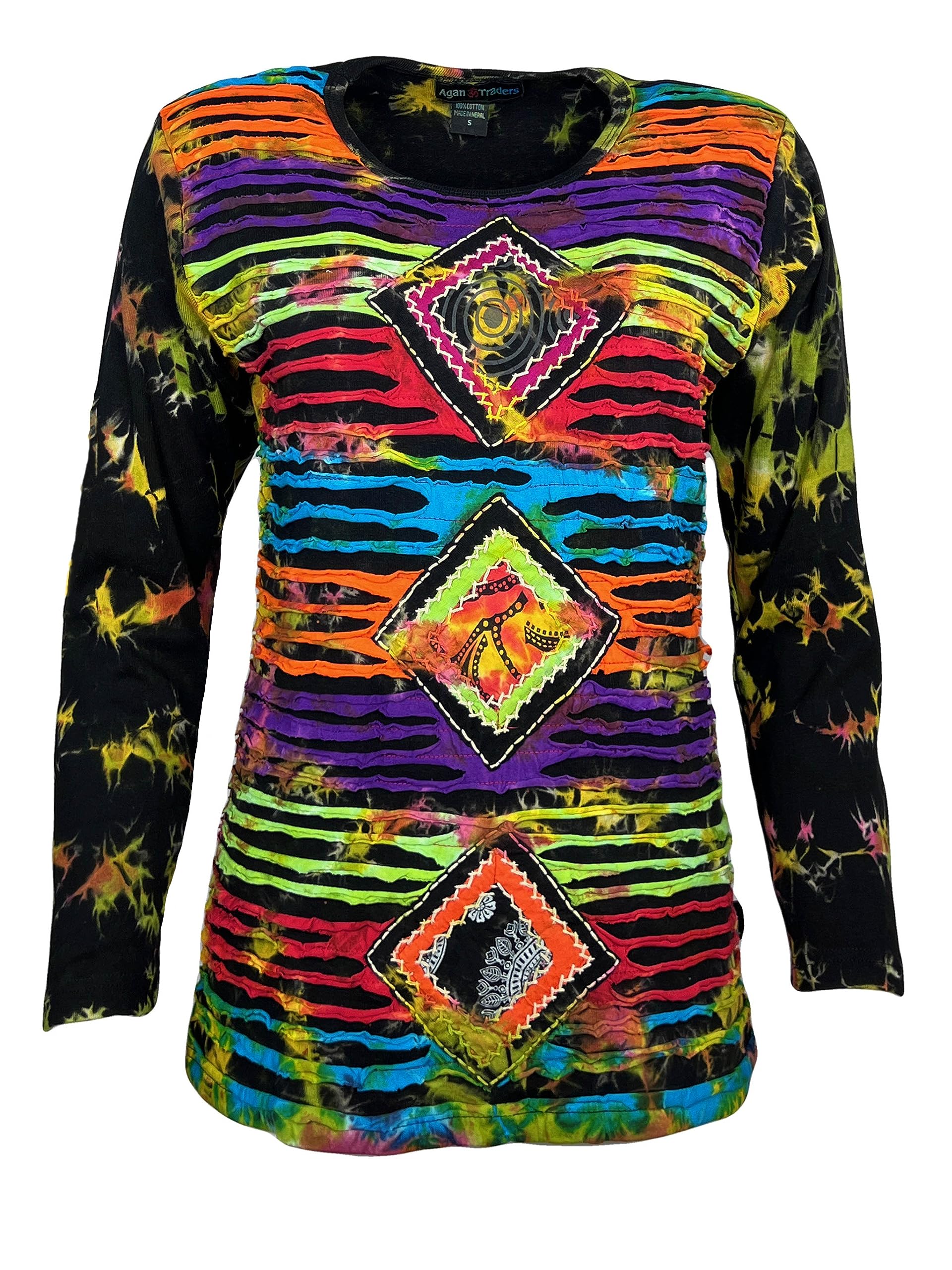 Agan Traders 2025 Spring Women's Bohemian Tie-Dye Knit Jersey Patch Razor Cut Embroidered Long Sleeve Sweatshirt Top Blouse - Casual Chic Outfit for Music Festivals, Beach Days & Boho Style