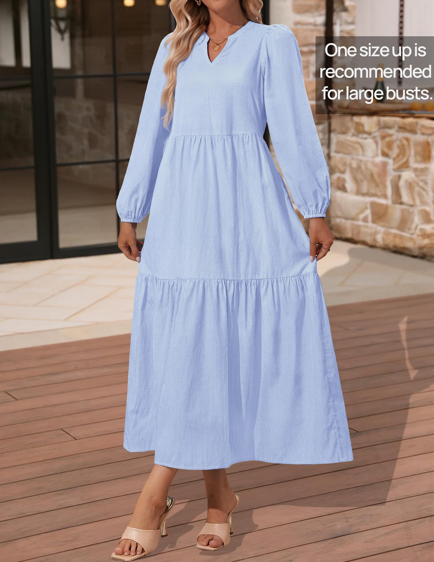 NENONA Women's Striped Long Sleeve Maxi Dress - V Neck Flowy Lightweight Summer Beach Dress with Pockets for Vacation, Spring Outfits, Casual Wear & Boho Style