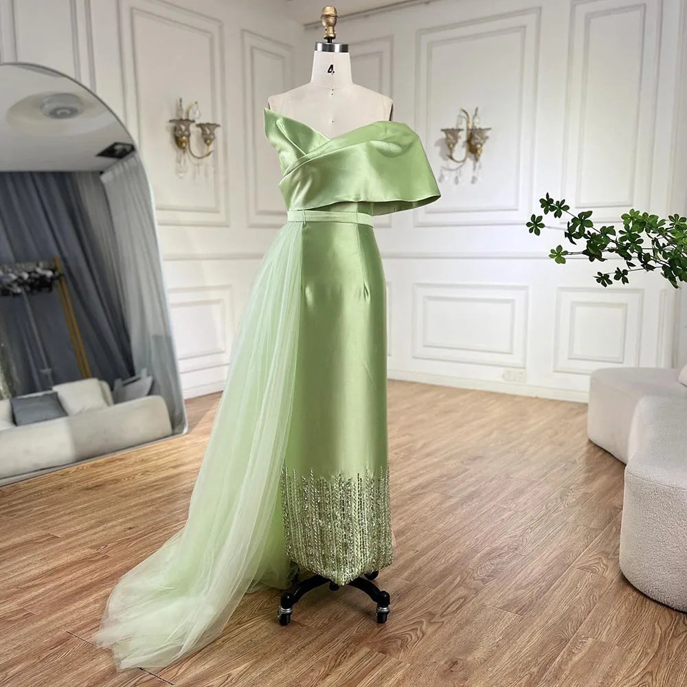 Serene Hill Sage Green Satin One Shoulder Beaded Mermaid Tea Length Evening Gown for Women - Wedding Party Guest Dress, Prom, Cocktail, Formal Events - LA72194