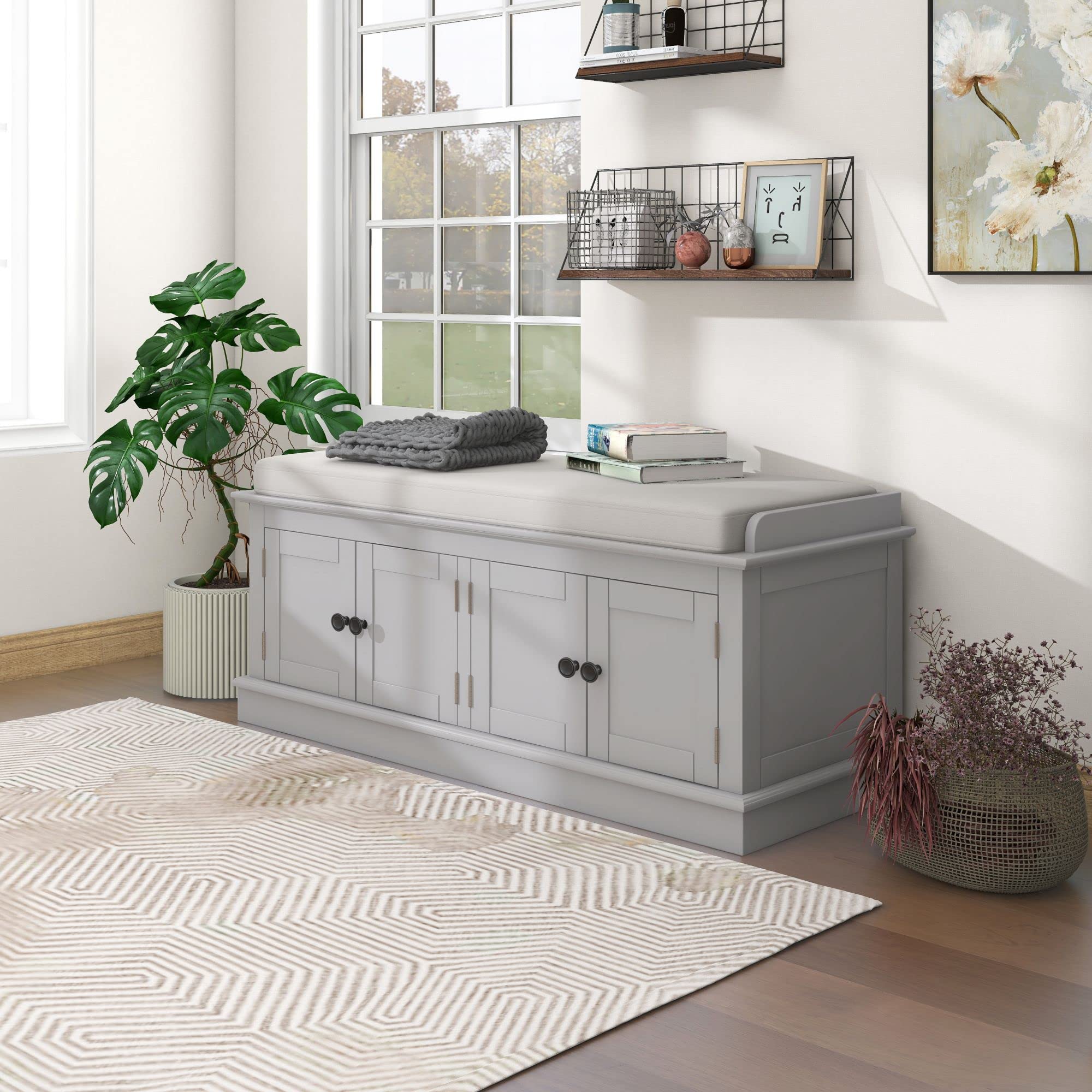 RUNNA Wood Storage Bench with 4 Doors & Adjustable Shelves - Entryway Shoe Bench with Removable Cushion - Hallway Ottoman Cabinet for Living Room, Bedroom, Entryway - Perfect for Organizing Shoes, Blankets & Home Decor (Gray Wash)