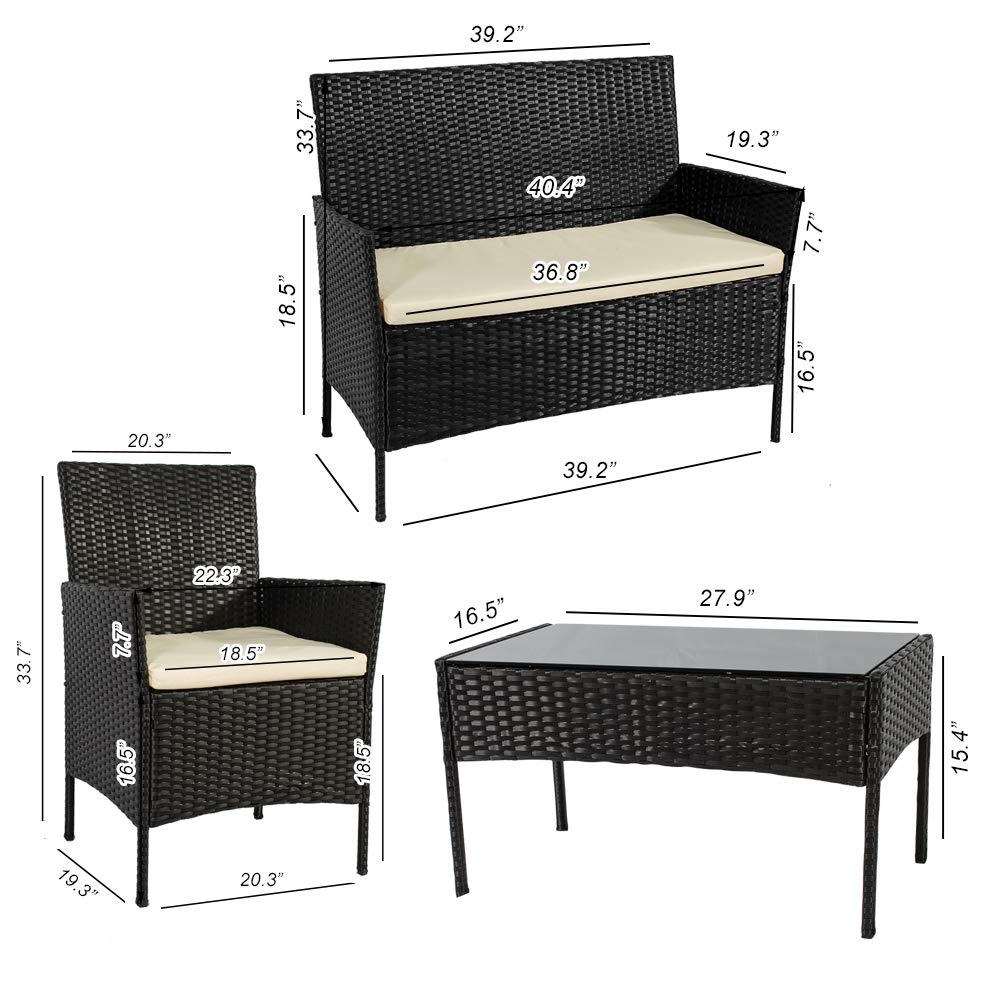 4-Piece Outdoor Rattan Wicker Patio Furniture Set with Tempered Glass Table - All-Weather Conversation Sofa & Chairs for Backyard, Poolside, Garden, and Deck (Dark Black)