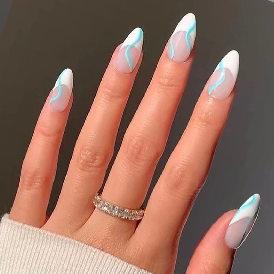 24Pcs Glossy Medium Fake Nails - Oval Blue Line Press on Nails with French Manicure Design, Full Cover Ballerina Patch Nails Tips for Women and Girls (Style E) | Perfect for Parties, Weddings, Date Nights & Special Occasions