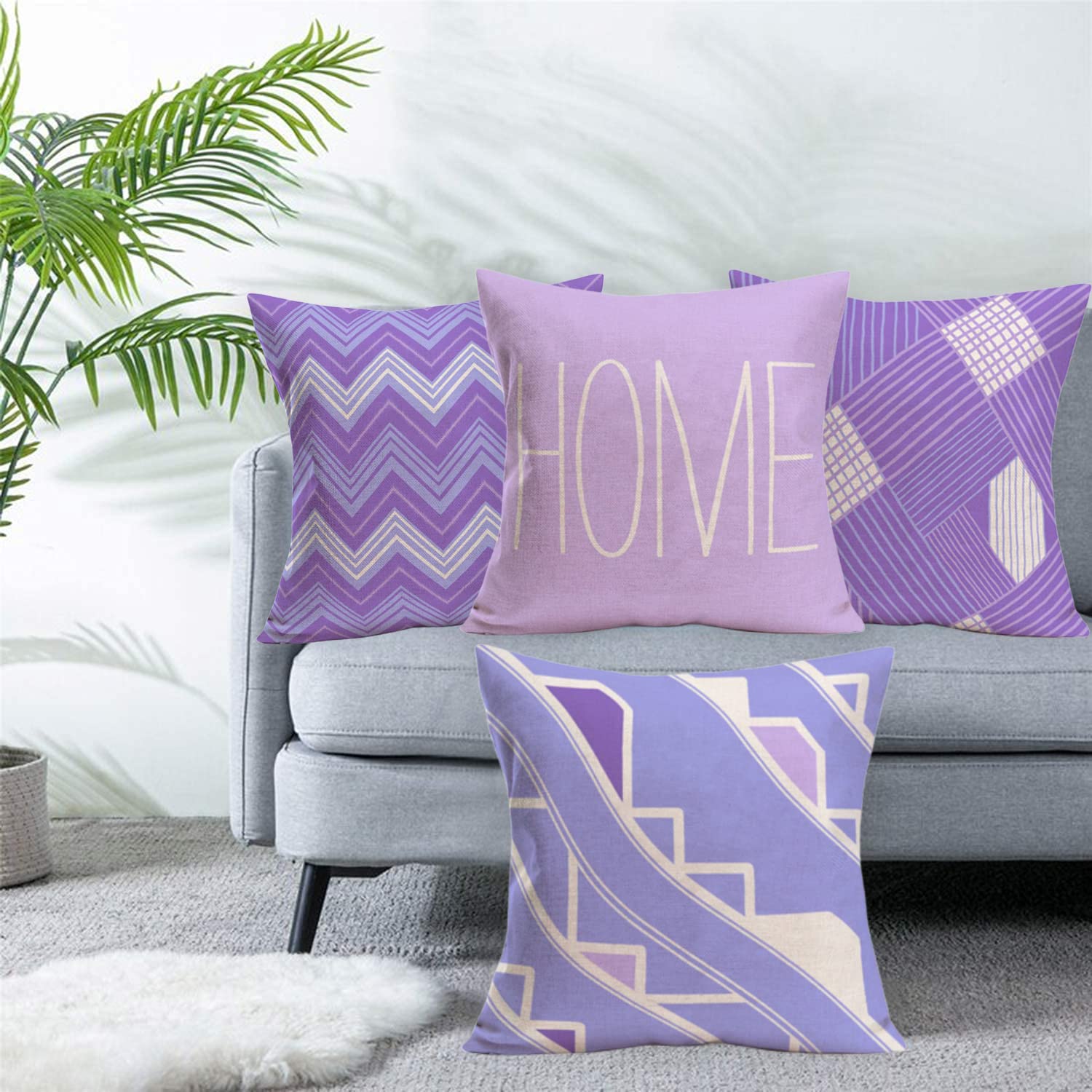 Xihomeli Modern Abstract Purple Geometric Throw Pillow Covers Set of 4 - 18x18 Inch Cotton Linen Cushion Cases with Triangle Wave, Stripes & Arrow Design - Perfect for Living Room Sofa, Bedroom Decor & Home Sweet Home Quotes