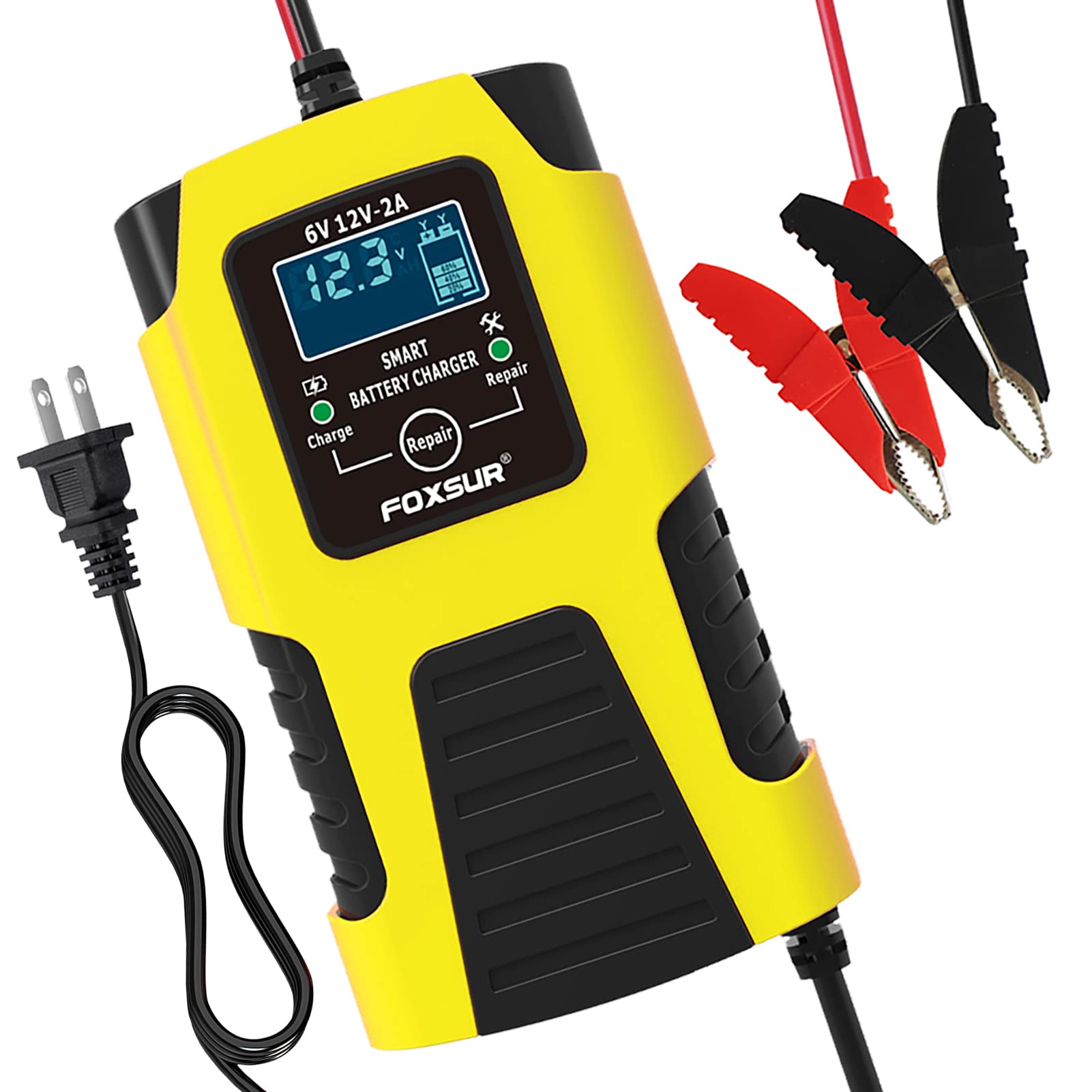 3-Stage 2-Amp Smart Battery Charger & Maintainer for 6V & 12V Vehicles - Motorcycle, ATV, Tractor, Lawn Mower, Scooter, Jetski, UTV, Boat, SUV, RV, Golf Cart - Perfect for Winter Storage & Long-Term Maintenance