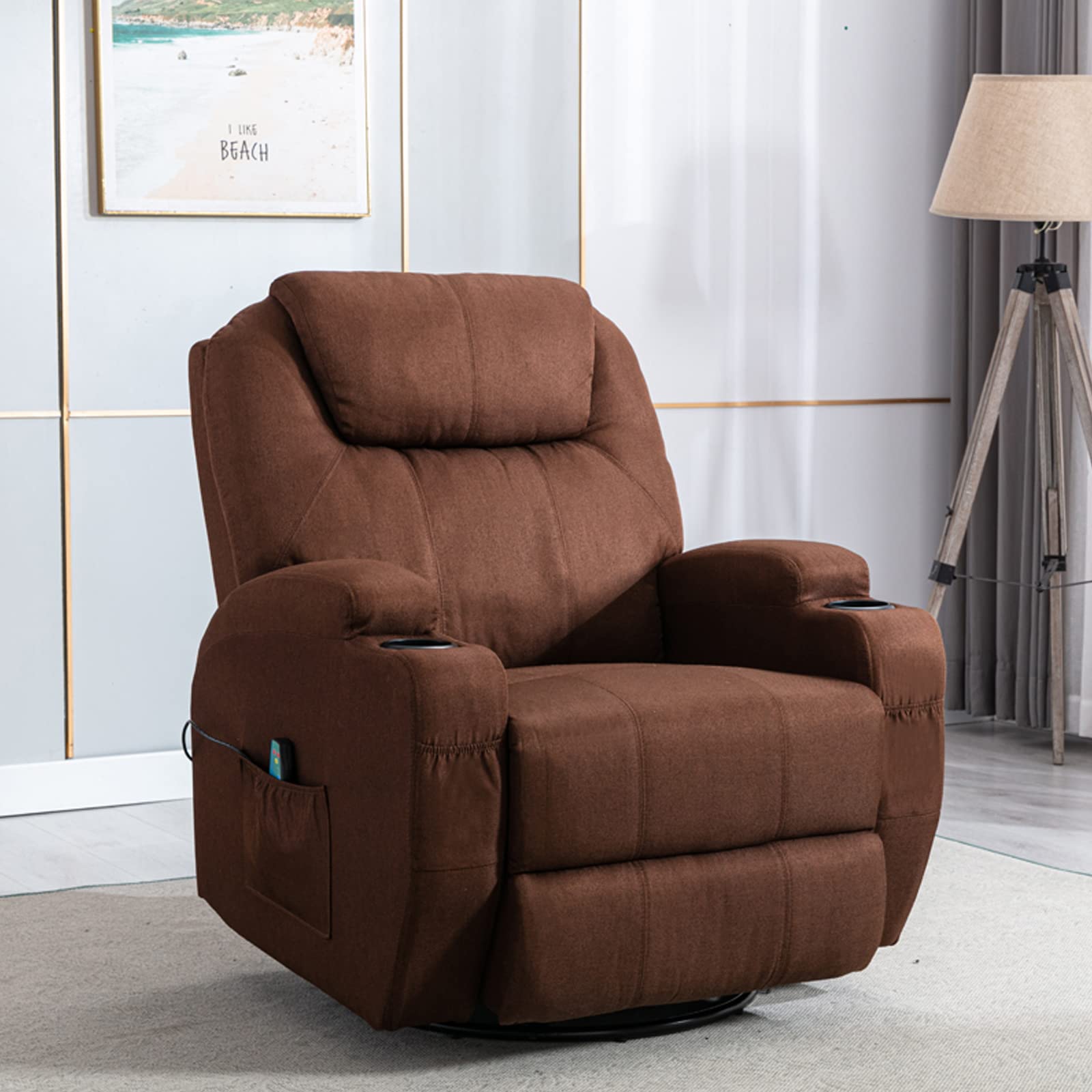 Yoglad Multi-Function Recliner Chair with Seat Heating & 8-Position Massage - Power Lift Recliner with Remote, Cup Holders, Rocking & Swivel Function - Comfortable Theater Recliner for Living Room, Home Theater, Reading Nook (Brown Textile Fabric, 36