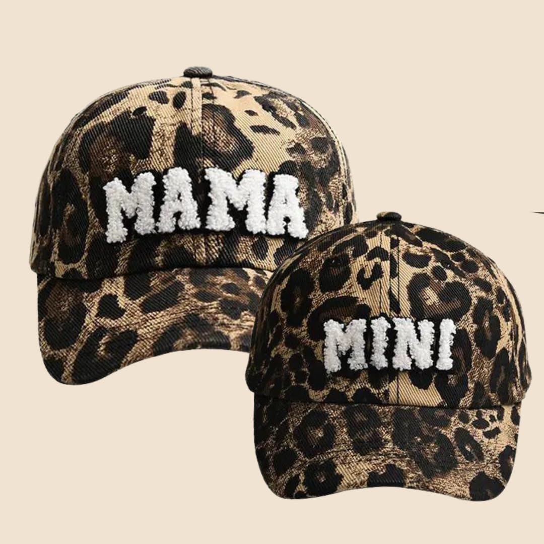 Leopard Print Matching Hats for Women and Kids - Mother Daughter Hats Set of 2, Embroidered Patch Mom and Son Hats, Mommy and Me Hats for Boys & Girls | Perfect for Family Photos, Outdoor Activities, and Mother-Child Bonding Moments