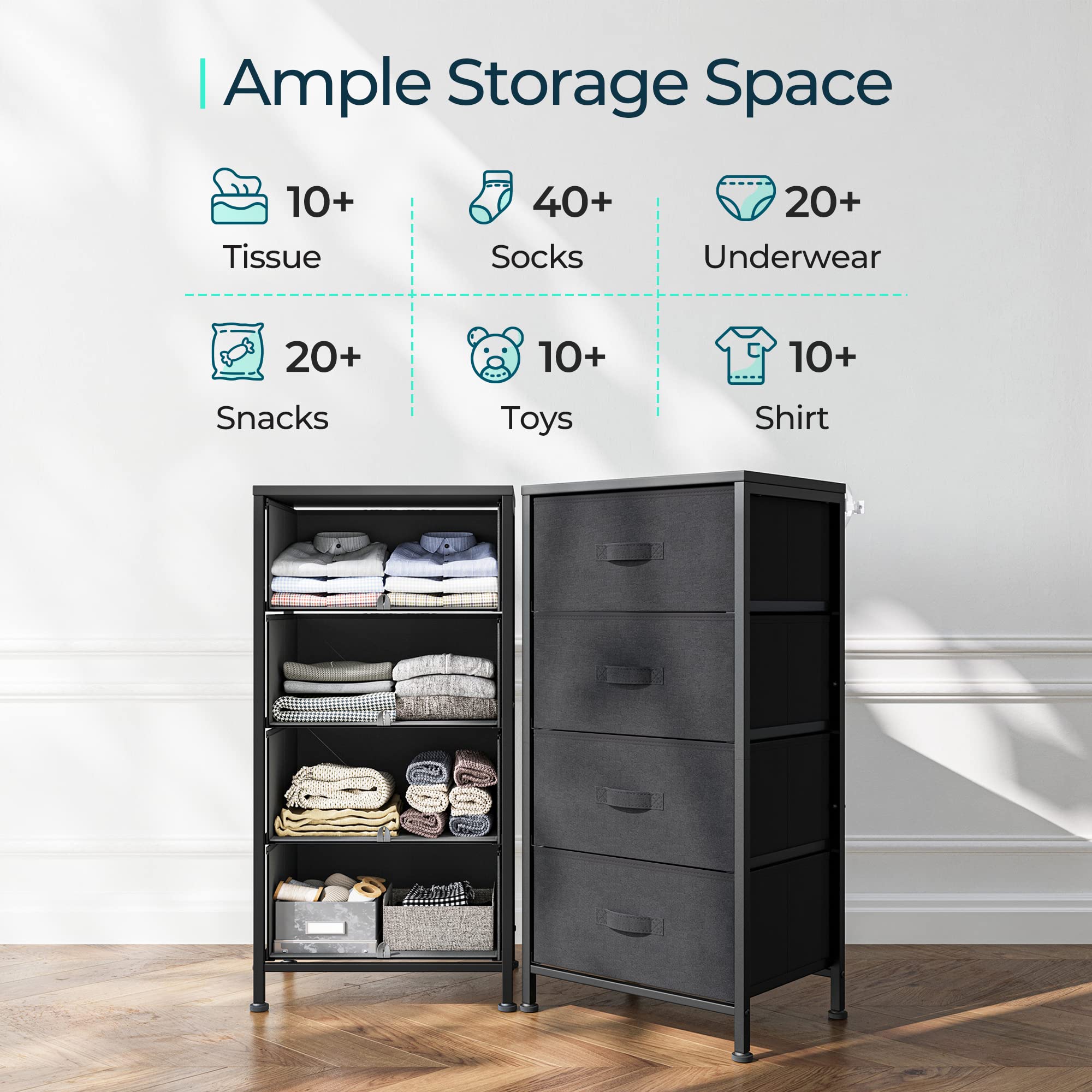 LINSY HOME 4-Drawer Black Dresser for Bedroom - Sturdy Wood Top & Steel Frame Chest of Drawers - Perfect for Closet Organization, Living Room Storage, Hallway & Entryway Decor
